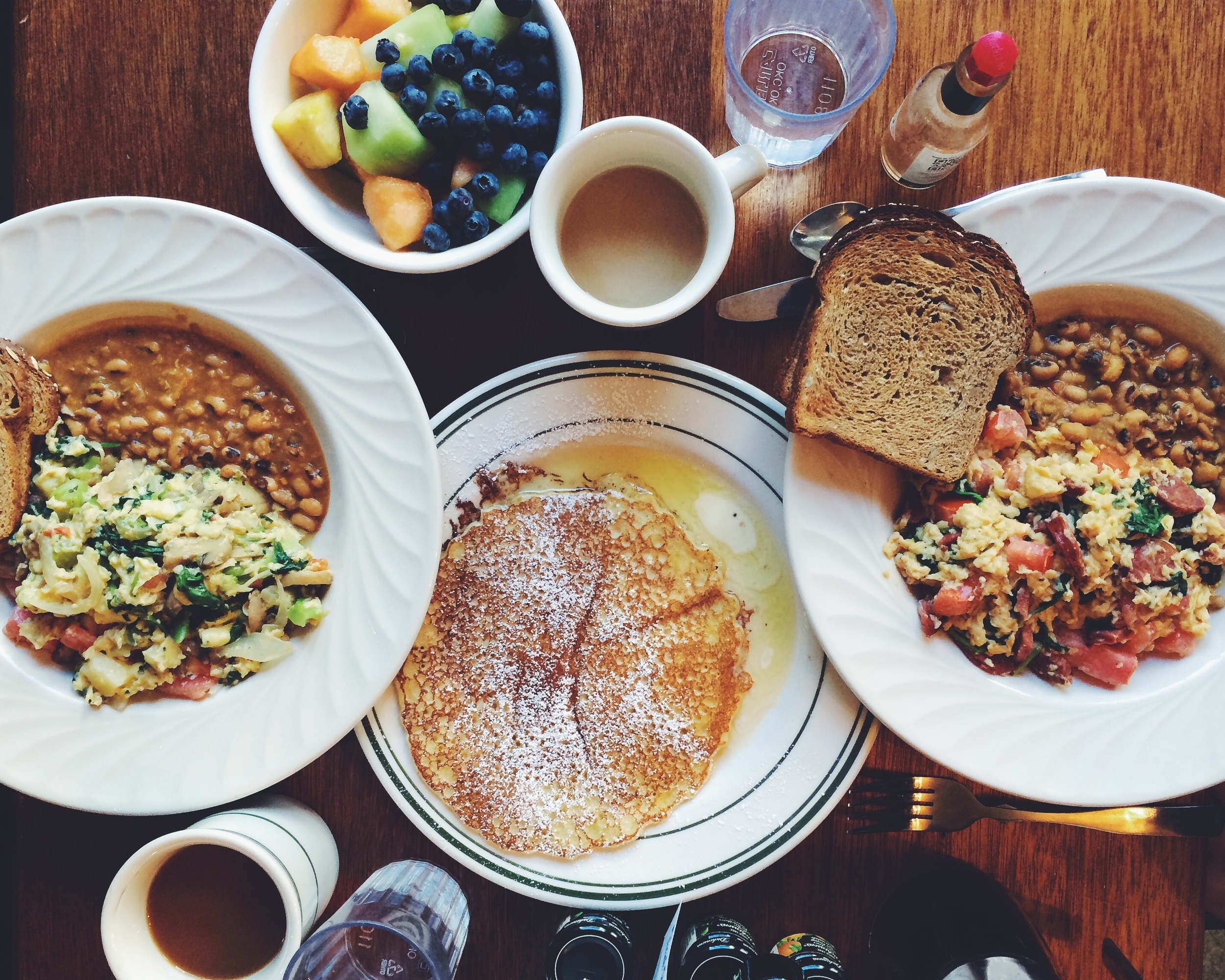  Vegetable pesto scramble, Portuguese scramble, and buttermilk pancake at Black Eyed Susan's