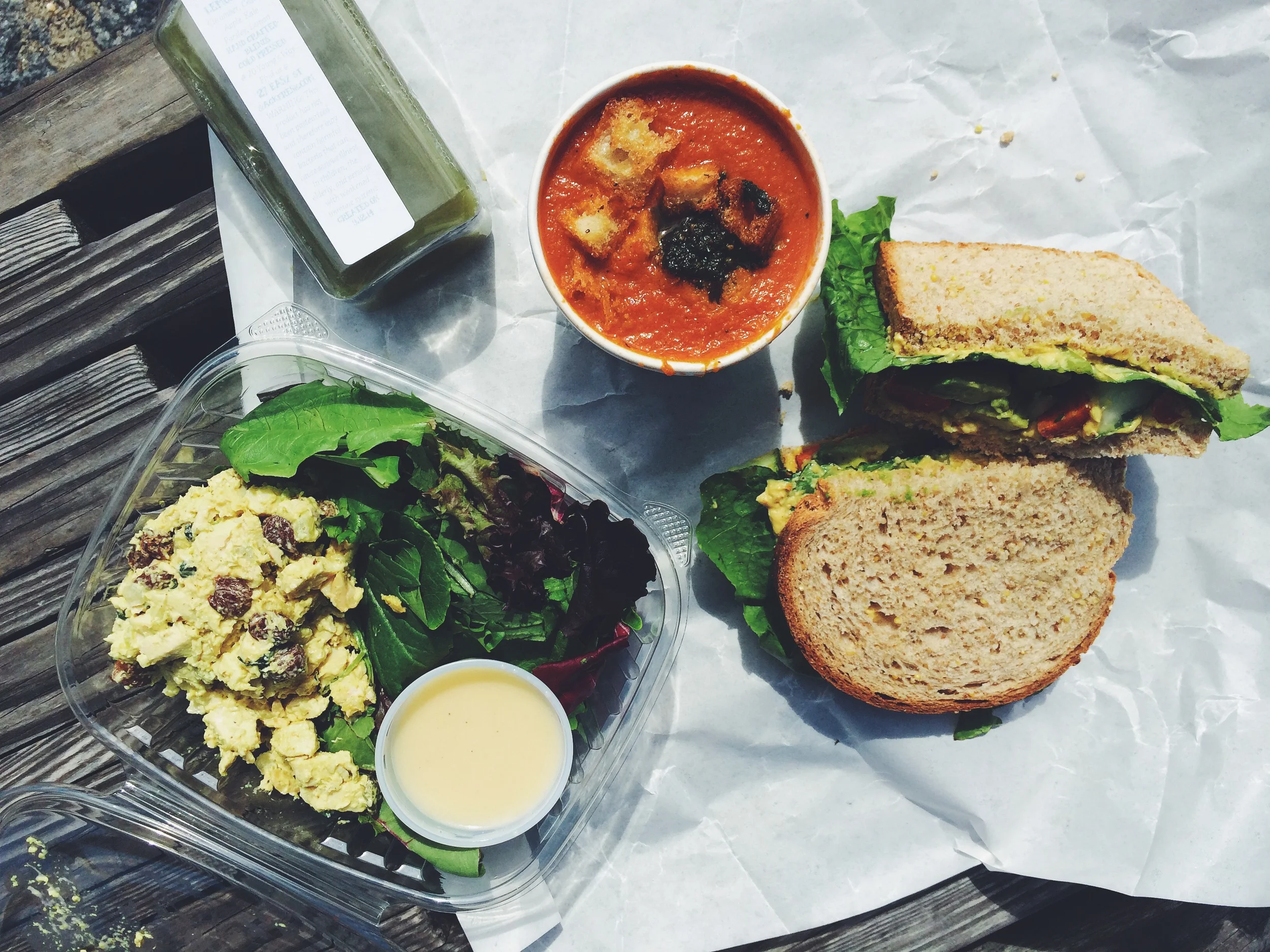  Provisions from Provisions: curry chicken salad, vegetarian sandwich, and vegan tomato soup with walnut pesto