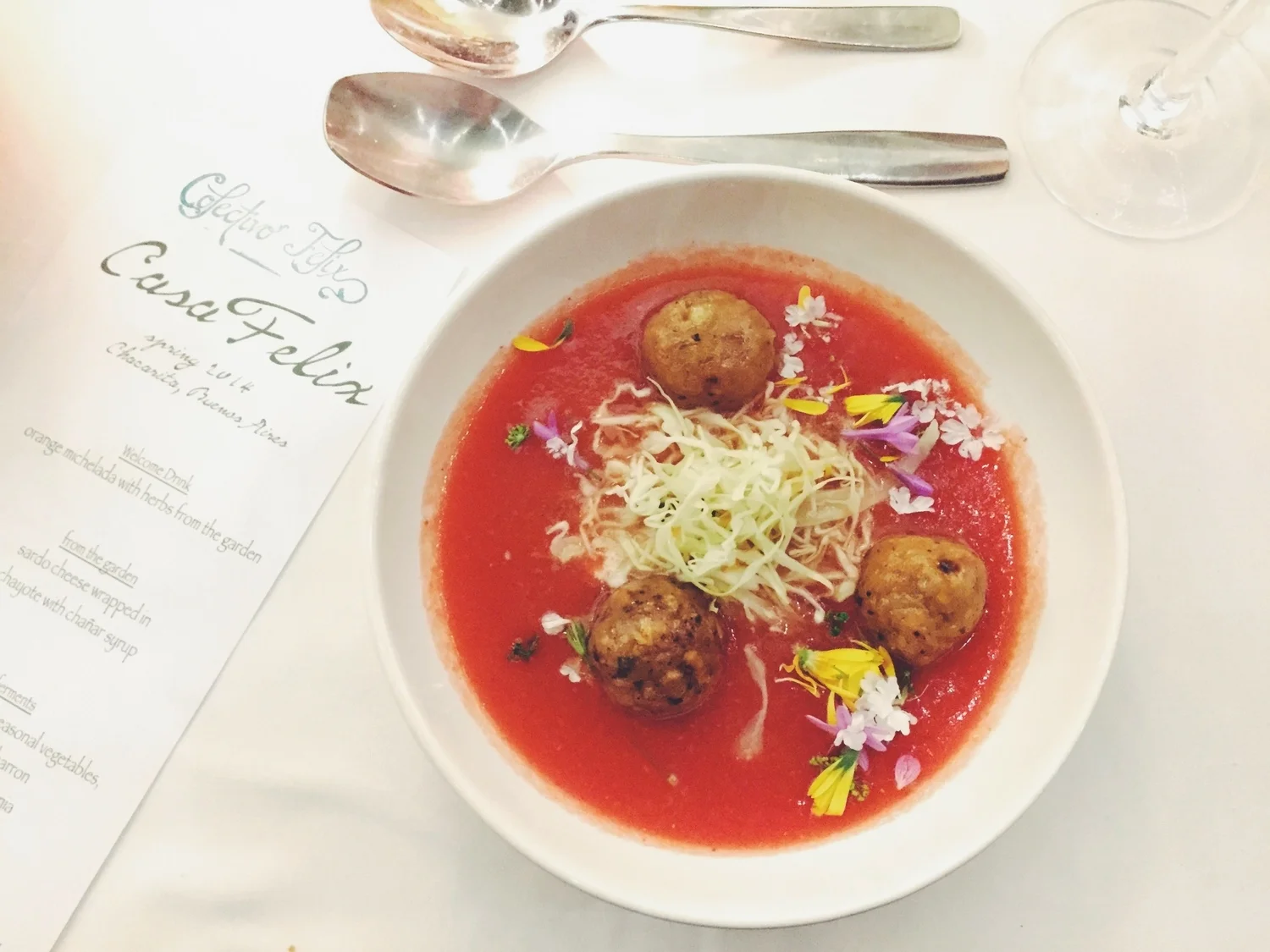 The fish and corn bori bori with watermelon gazpacho, fresh picked greens, flowers, and burrrata cream at Casa Felix was one of most beautiful dishes from the night.