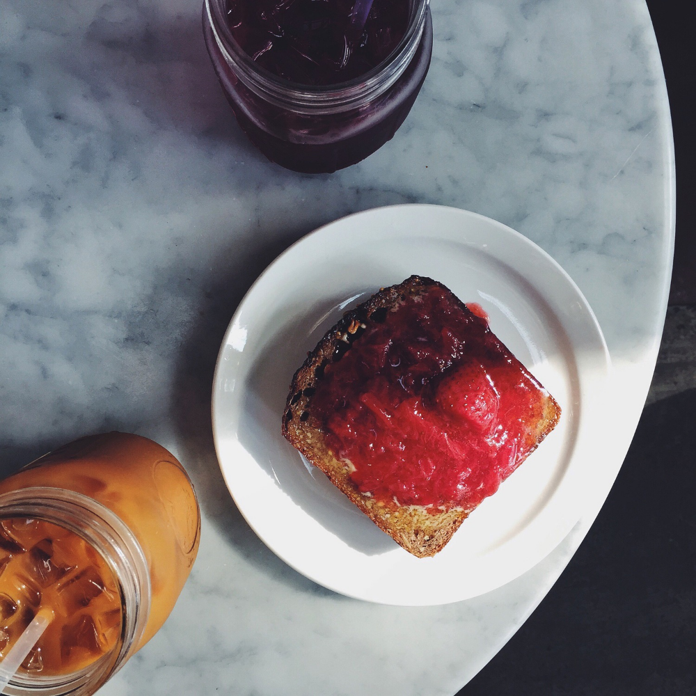 Strawberry jam and butter on bird bread at The Mill