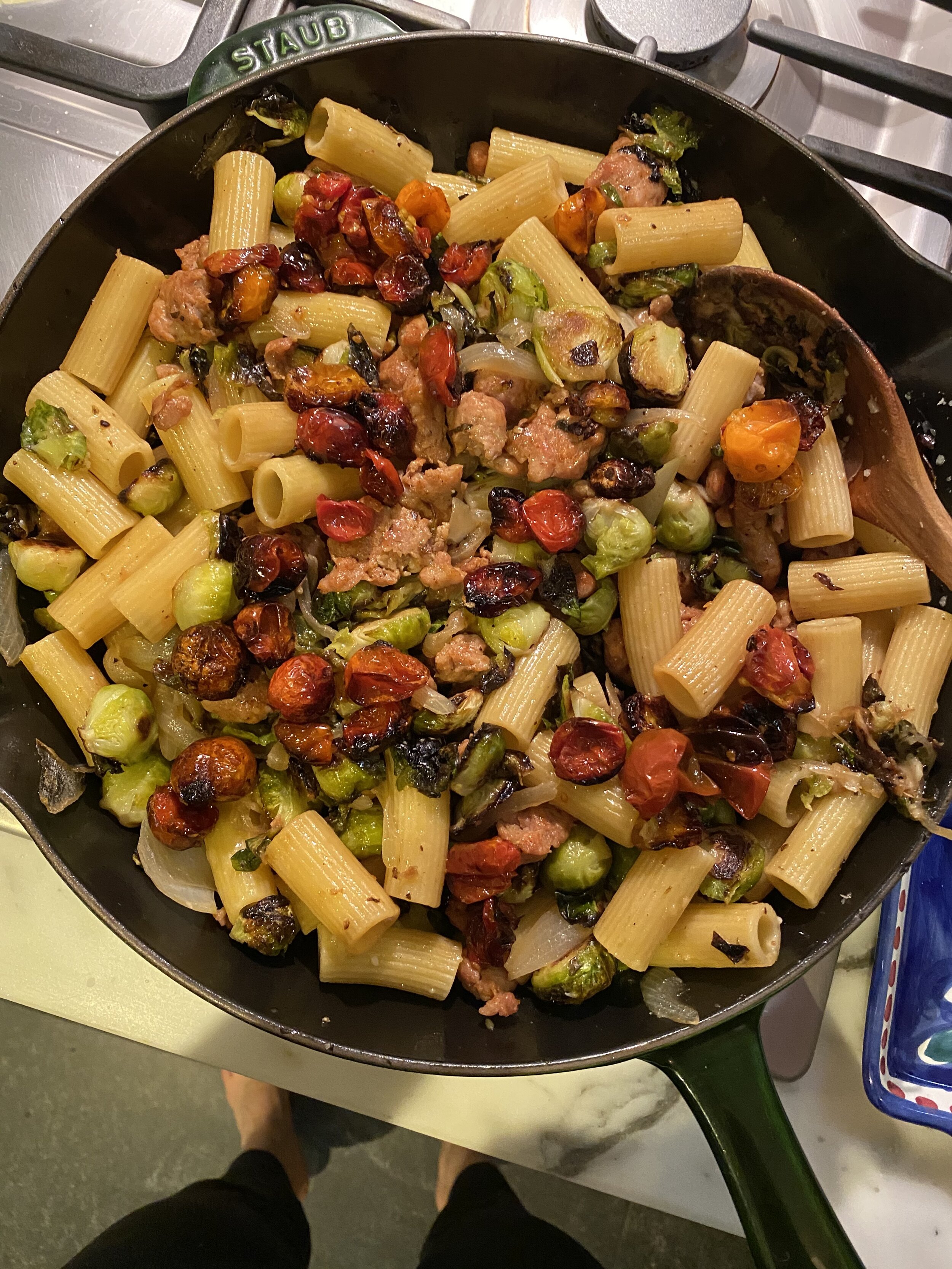  sausage, roasted tomatoes, brussels