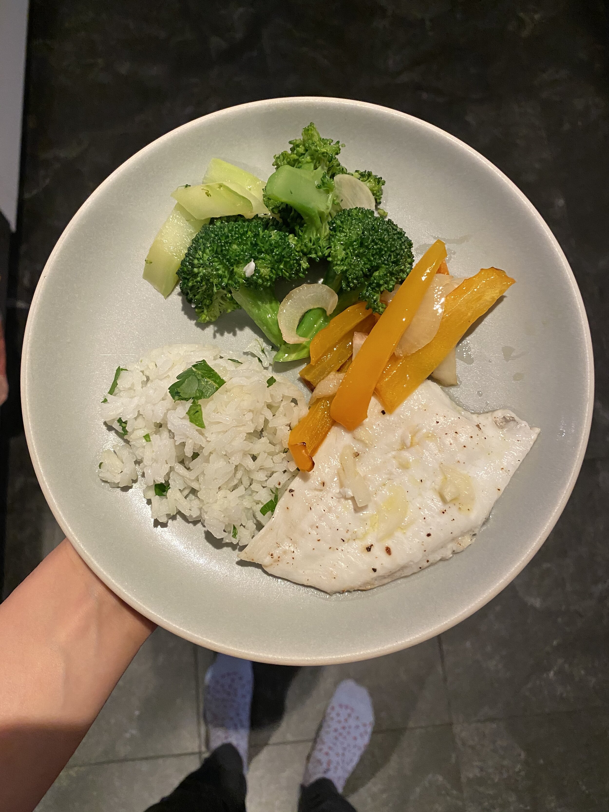 sheetpan fish + peppers, broccoli