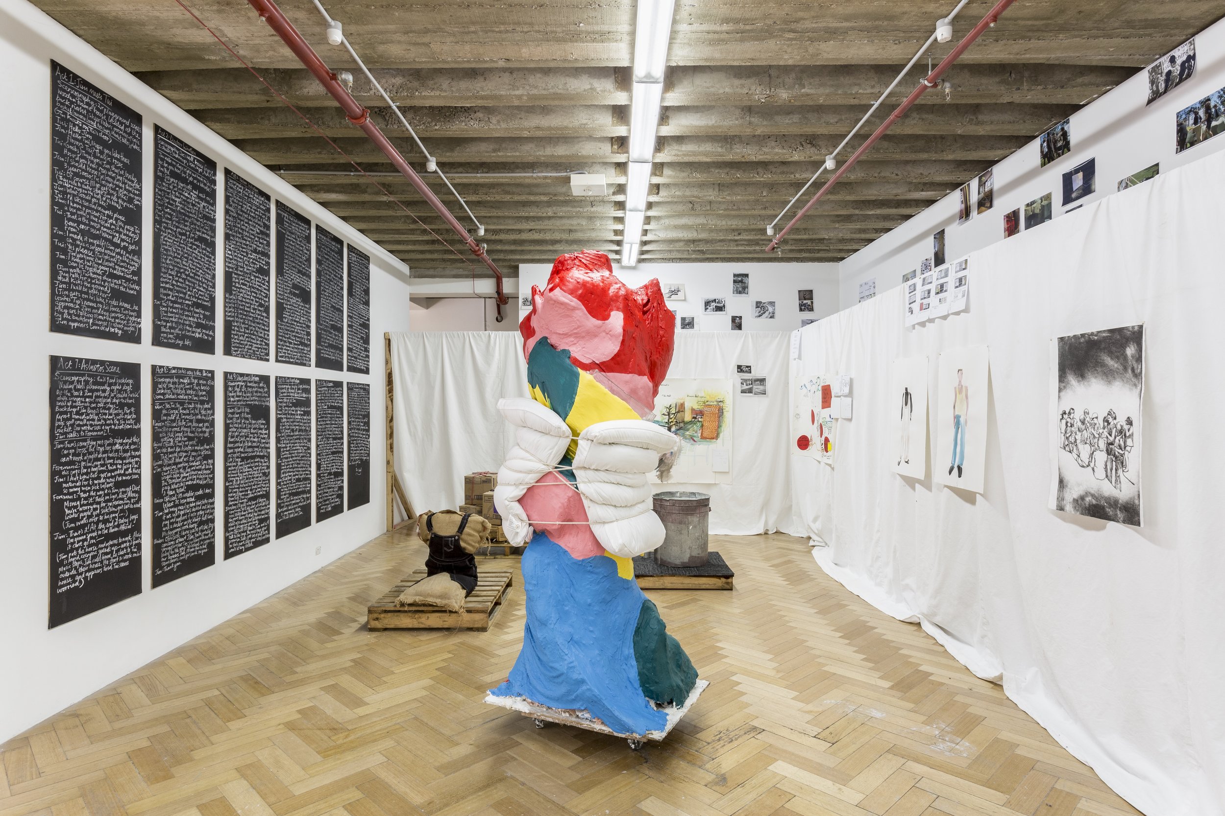   storyboard poetics and pedagogic process , 2017, installation view, mixed media, dimensions variable. Westspace Gallery. Image: Christo Crocker 