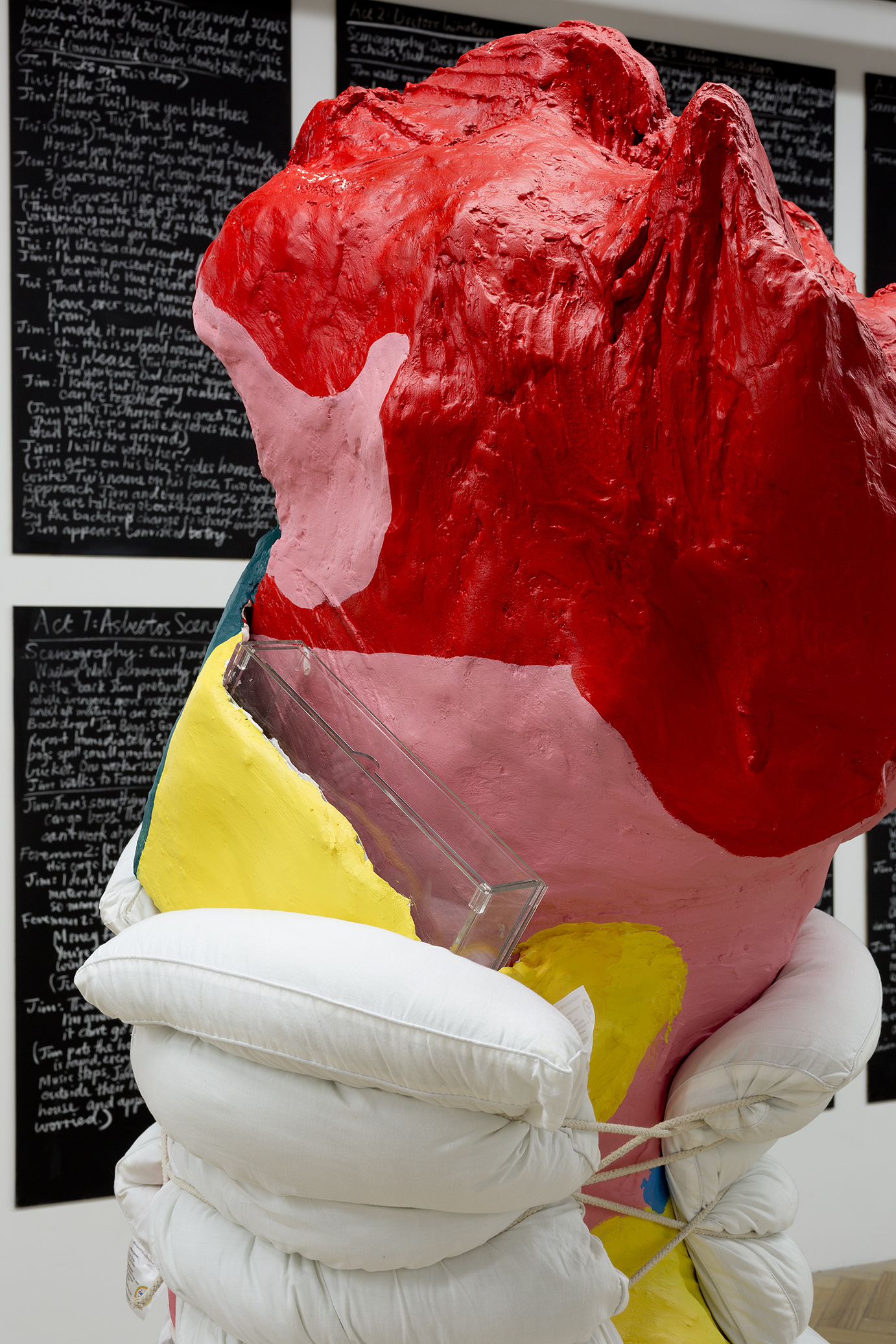   Education's blood with water viaduct and soft cell stitches , 2017, cardboard tubing, gauze from previous sculpture, backdrop material, plaster, house paint, clear Perspex single filing cabinet, curriculum documentation, rope, cardboard tubing, ela
