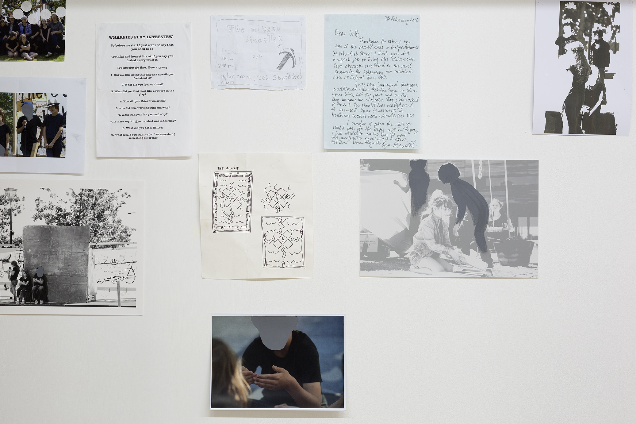   storyboard iteration 2017 , teaching and leaning ephemera from a 2015 performance arts curriculum, seven pine stud arches and frames, white corduroy, nails, screws, two wooden stools, archival images gifted from Jim and Tui Beggs, multiple imagery 