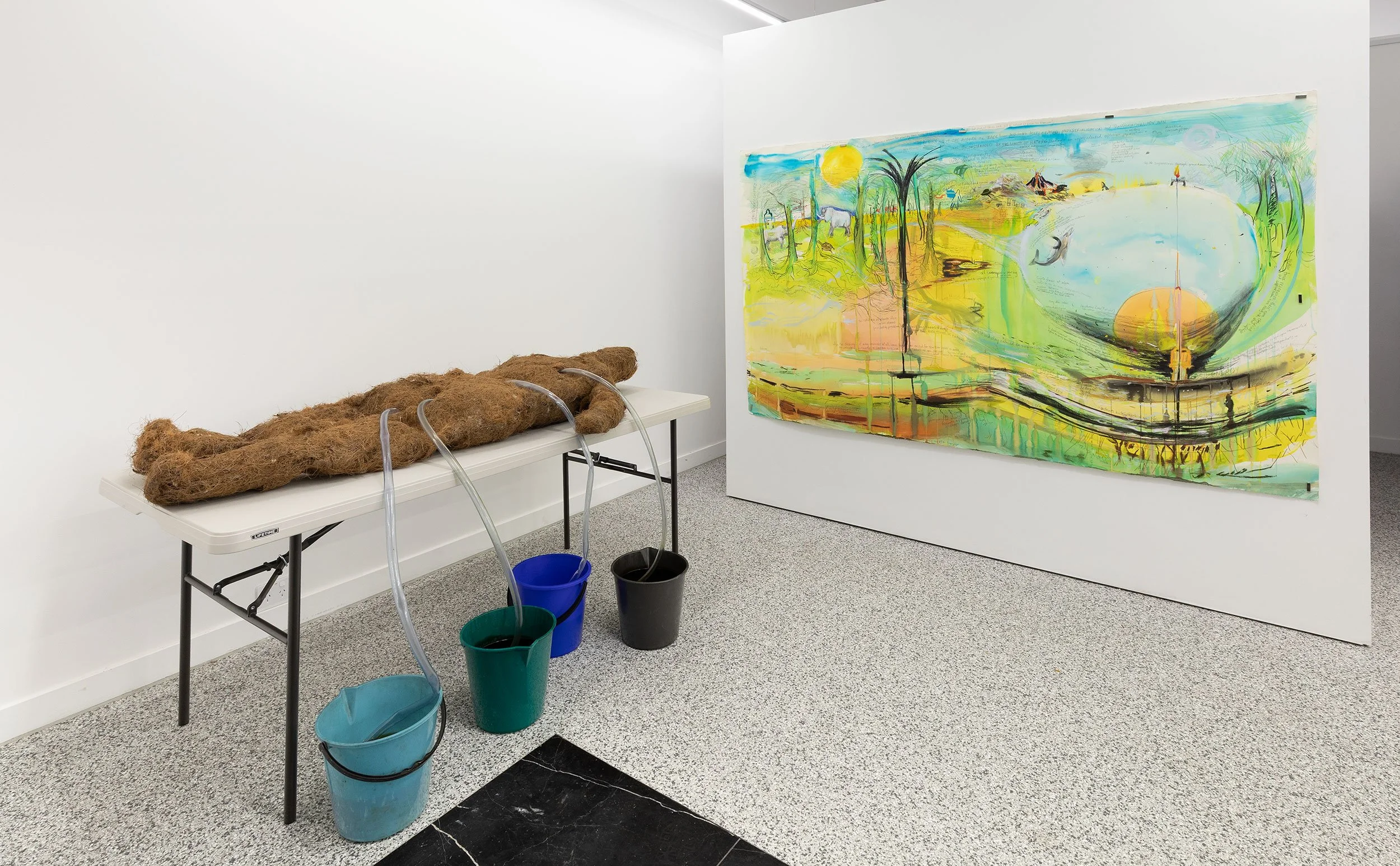   Drawing installation   Oil’s Metamorphosis: A Tale of Petro-Masculinity from a Fem-Petroscape Perspective,  2026. Medium: Cold-pressed watercolour paper 300gsm, watercolour, charcoal, graphite, soft pastel. Size: 230cms x 140cms.   Sculpture instal
