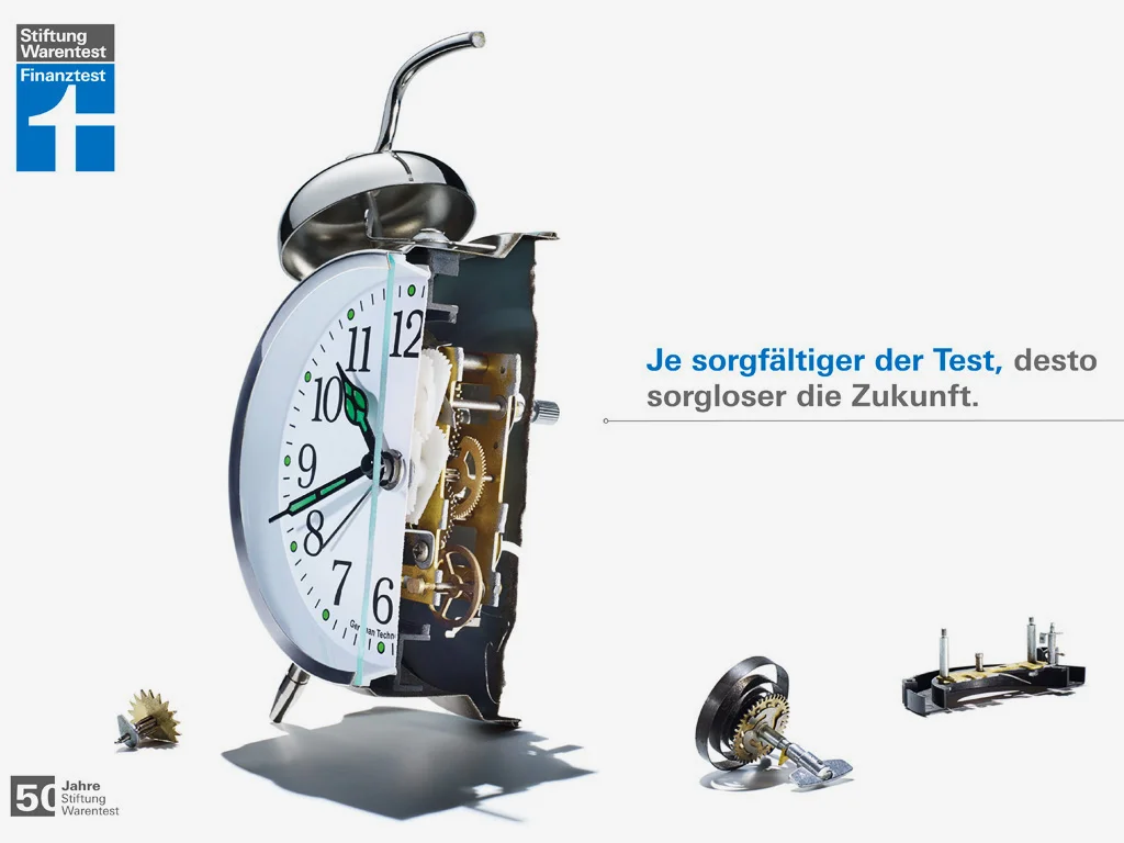 Stiftung Warentest, Anzeigenkampagne 50 Jahre, halber Wecker