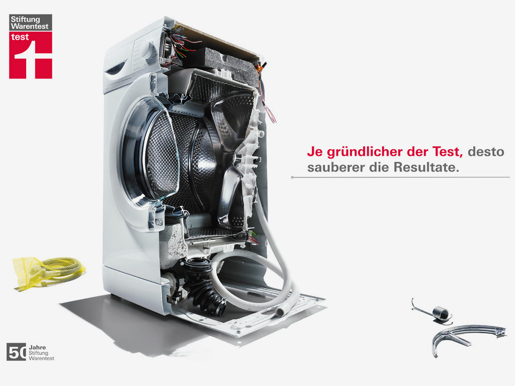 Stiftung Warentest, Anzeigenkampagne 50 Jahre, halbe Waschmaschine