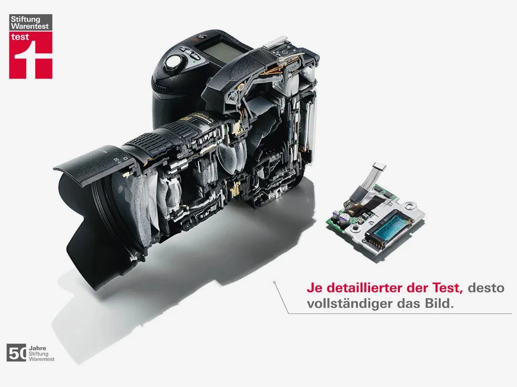 Stiftung Warentest, Anzeigenkampagne 50 Jahre, halbe NIKON