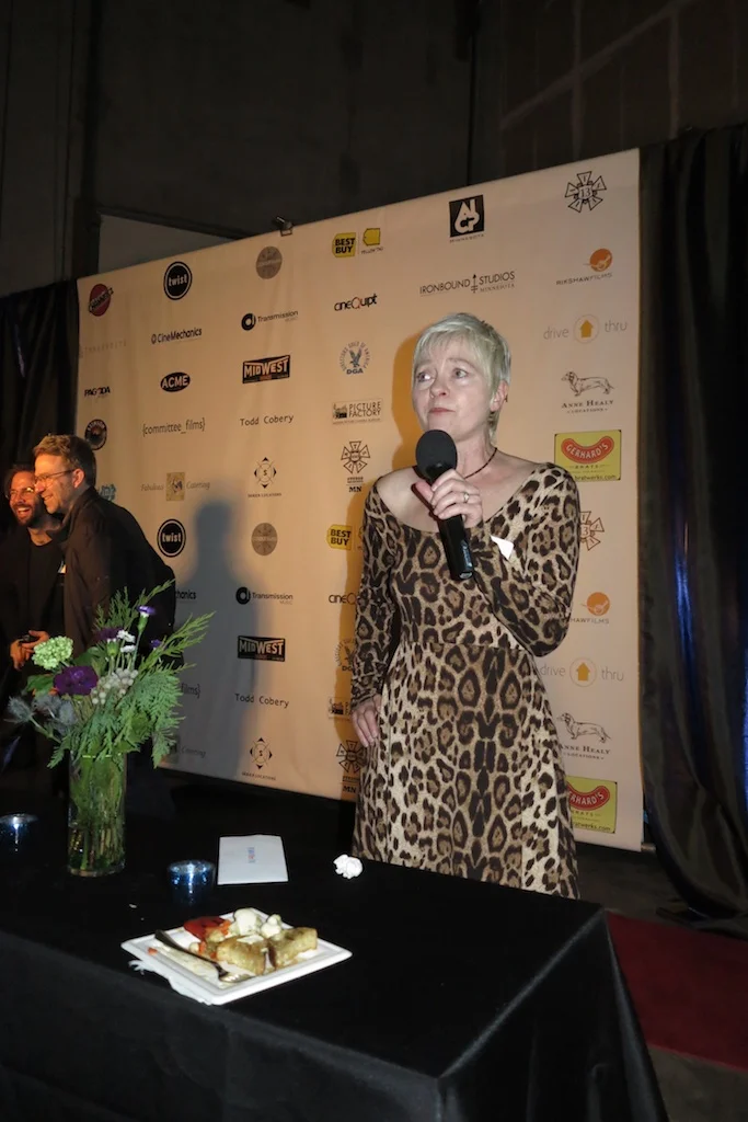 MN Film & TV commissioner, Melodie Bahan addresses the crowd at the All Crew Party.