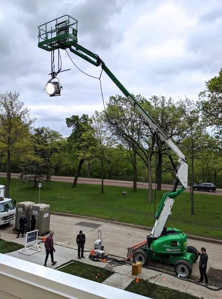 490 Grip and Electricians, mount an 18K on a condor for Marvin Windows.