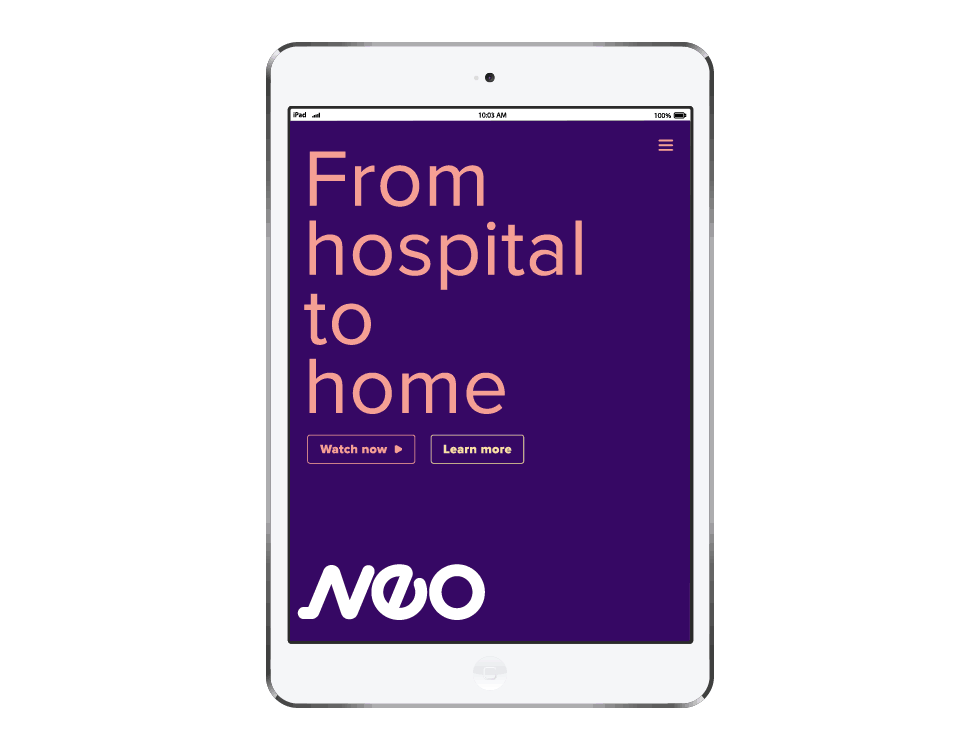 We developed the experience mobile-first, with a focus on tablets. While parents are at the NICU, they can review their services and walk through how NeoCare can help them during their time of need. 