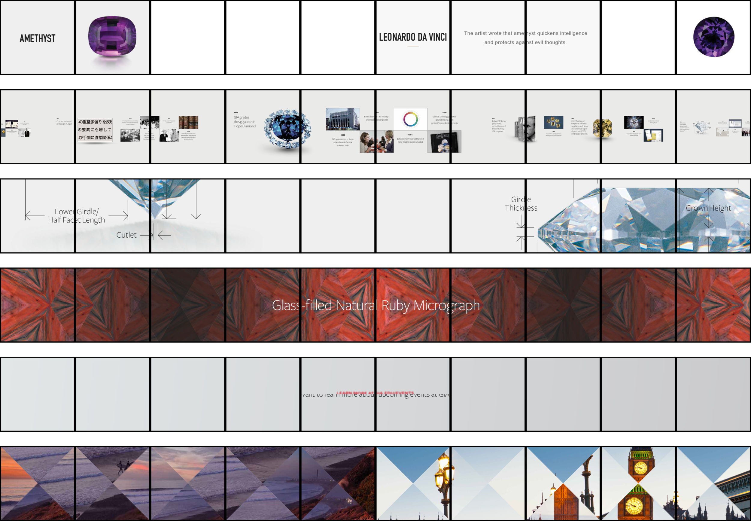 Each storyboard references different aspects of the gemstone experience: refraction, shimmering, magnification, coming to focus. The motion design developed infers from this.