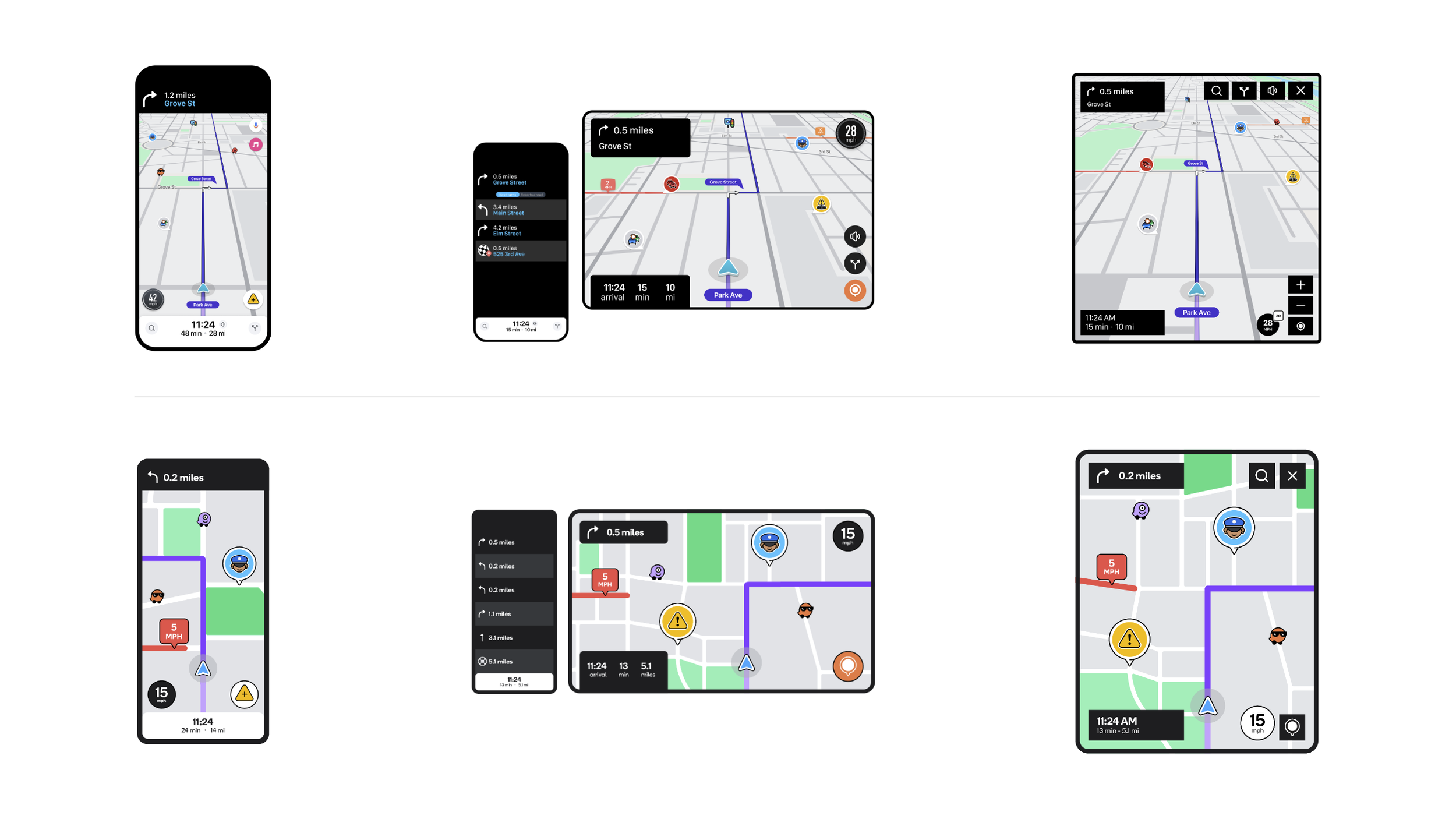 Developing an extensive asset library to represent Waze, in both product UI (accurate) and illustrated UI (representational) views, across mobile, projected (in-car), and built-in. 