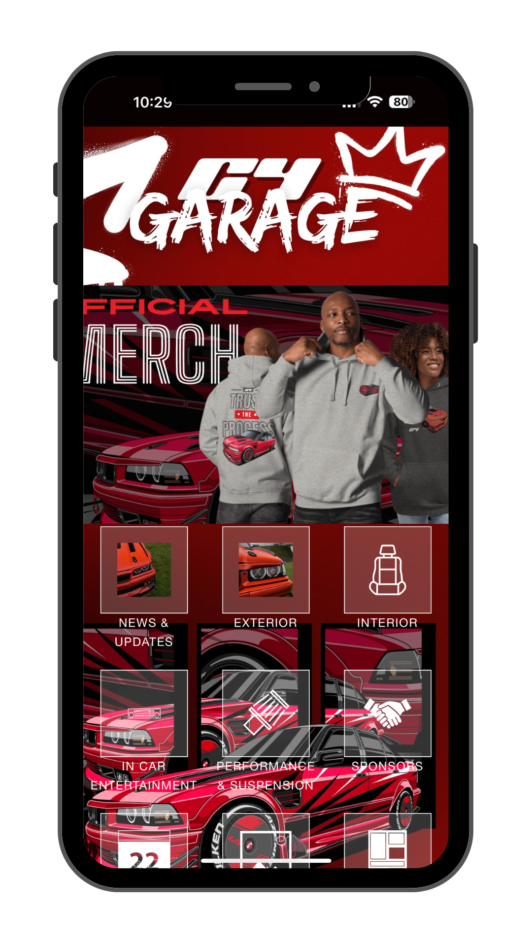 Mobile app interface for 1 Fifty Garage featuring photos of red cars, a group of people in gray hoodies, and navigation icons for news, exterior, interior, in-car entertainment, performance, and sponsors, all with a red and black color scheme.