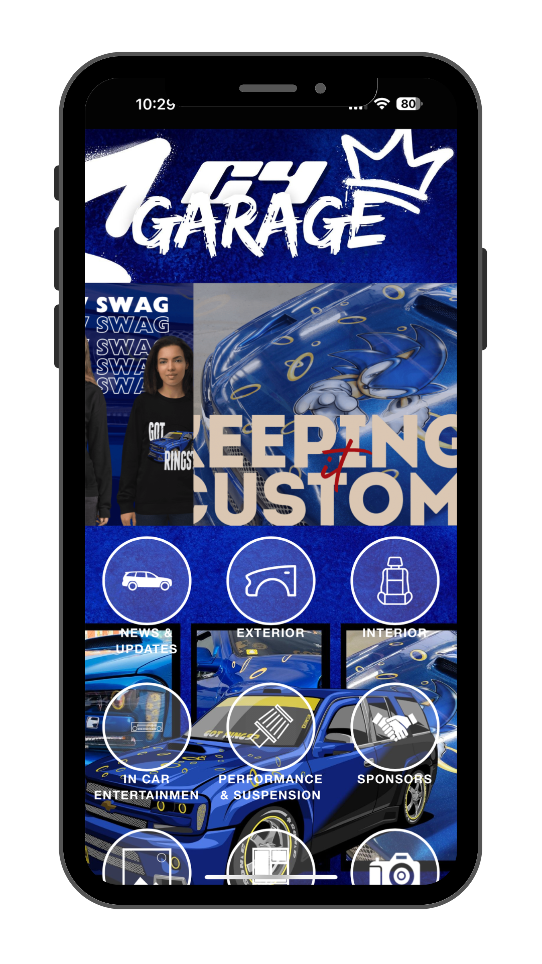 Mobile app interface for 1FTH Garage featuring custom car wrapping services, with images of Sonic the Hedgehog, a car, and menu icons for news, exterior, interior, in car entertainment, performance and suspension, and sponsors.