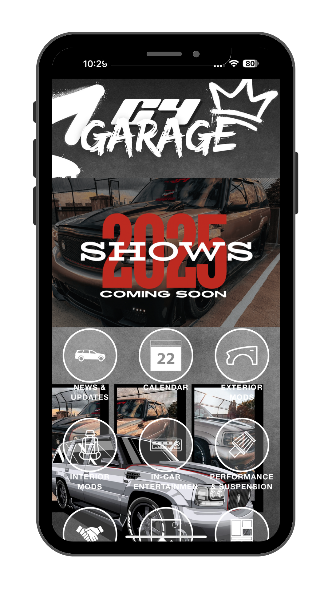 A smartphone screen displays a car garage app with the text '1GAY GARAGE' at the top, a car image in the middle, and icons for news, calendar, exterior mods, interior mods, in-car entertainment, and performance & suspension at the bottom.