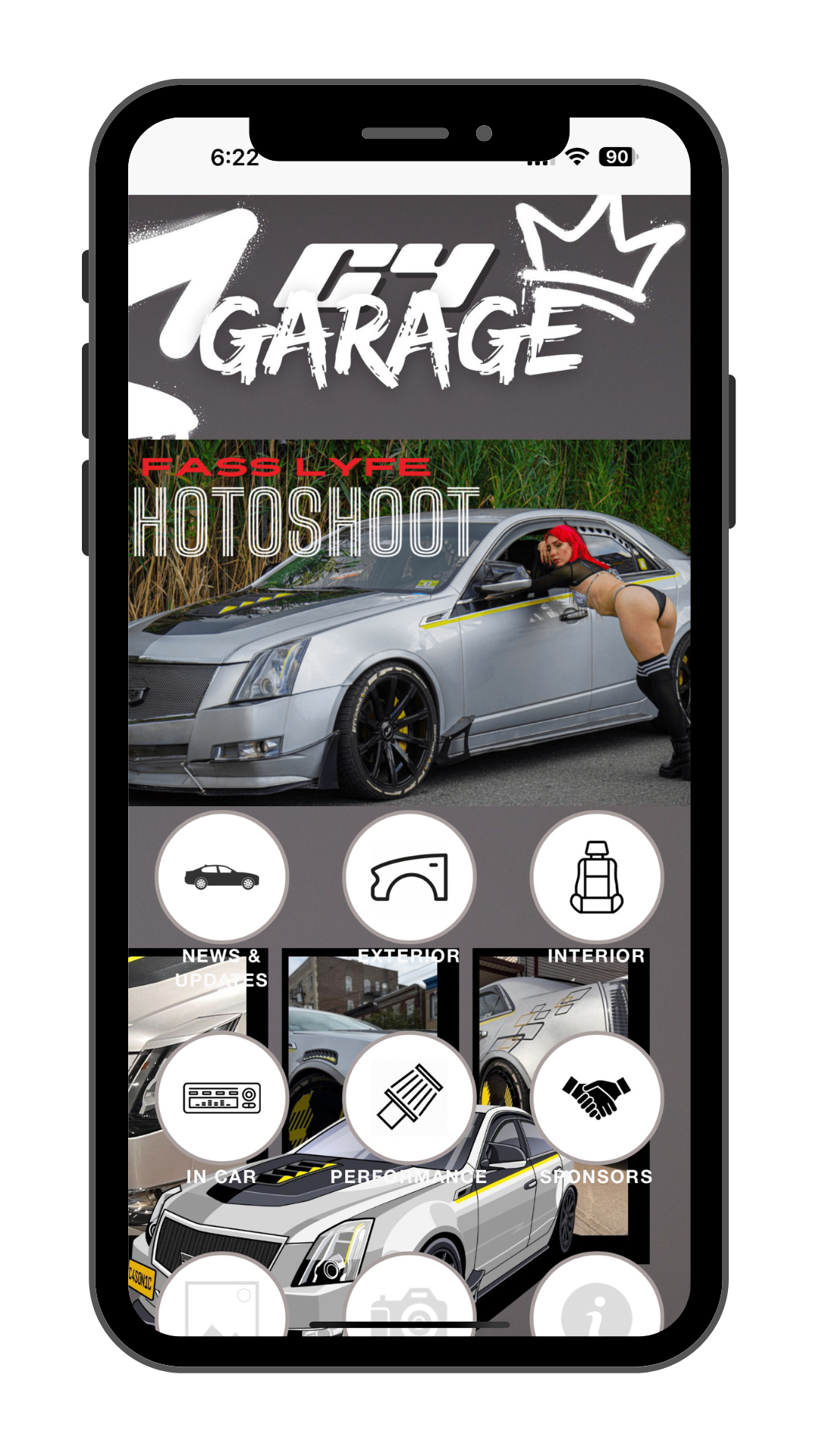 Mobile app screen for 1K4Y Garage featuring a woman with red hair leaning on a silver sports car, with icons for news, exterior, interior, performance, sponsors, and more