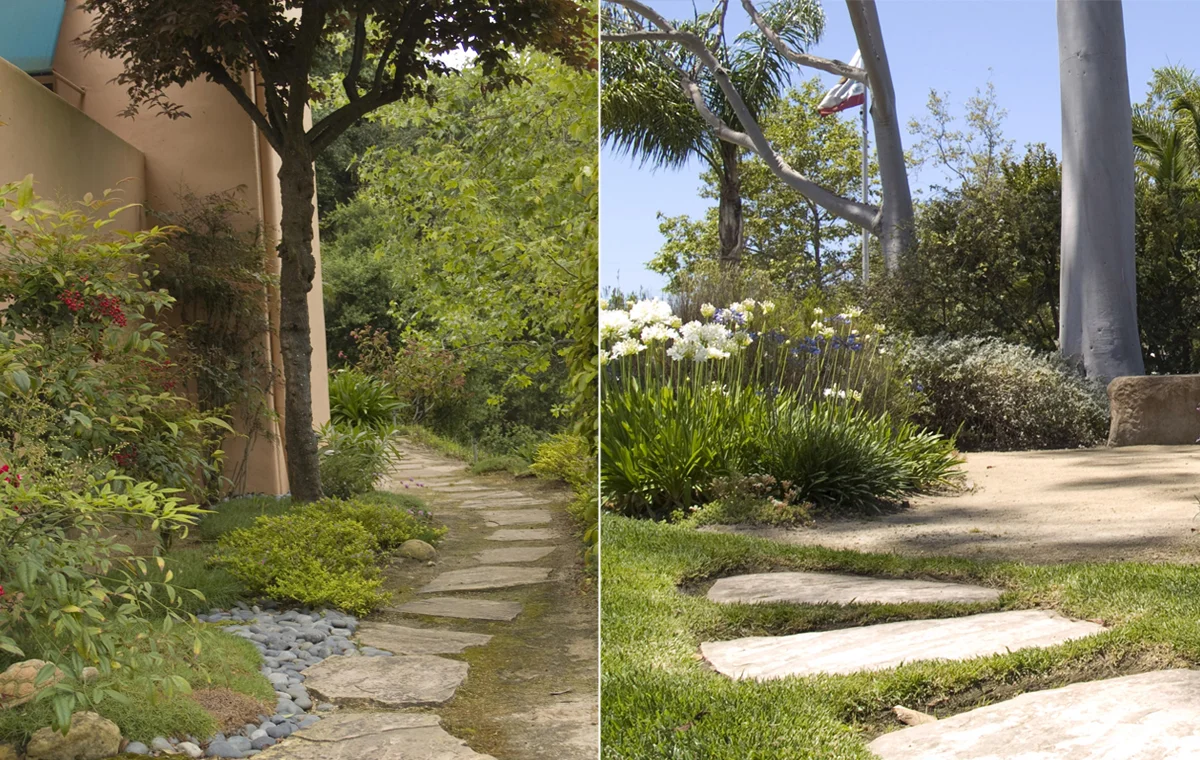 (Left) flagstone pathway, Las Positas Home Owners Association, and (right) decomposed granite stepping stones, demonstration garden, Goleta Valley Water District.