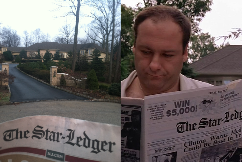 The Soprano homestead in North Caldwell, New Jersey, the same driveway where Tony Soprano picks up his Star-Ledger newspaper at the beginning of every season. (Left photo: Rich Bunnell, right photo: HBO)