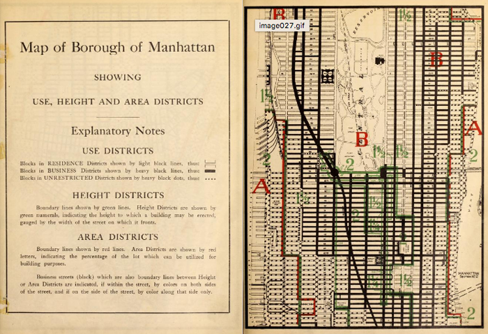The earliest zoning of New York City relied on a layering system of use, height, and area. Maps are broken up into pages, as they don’t necessarily need to relate to the entire city as a whole, but rather the complex set of relationships contained within their borders. (Source: The Internet Archive.)
