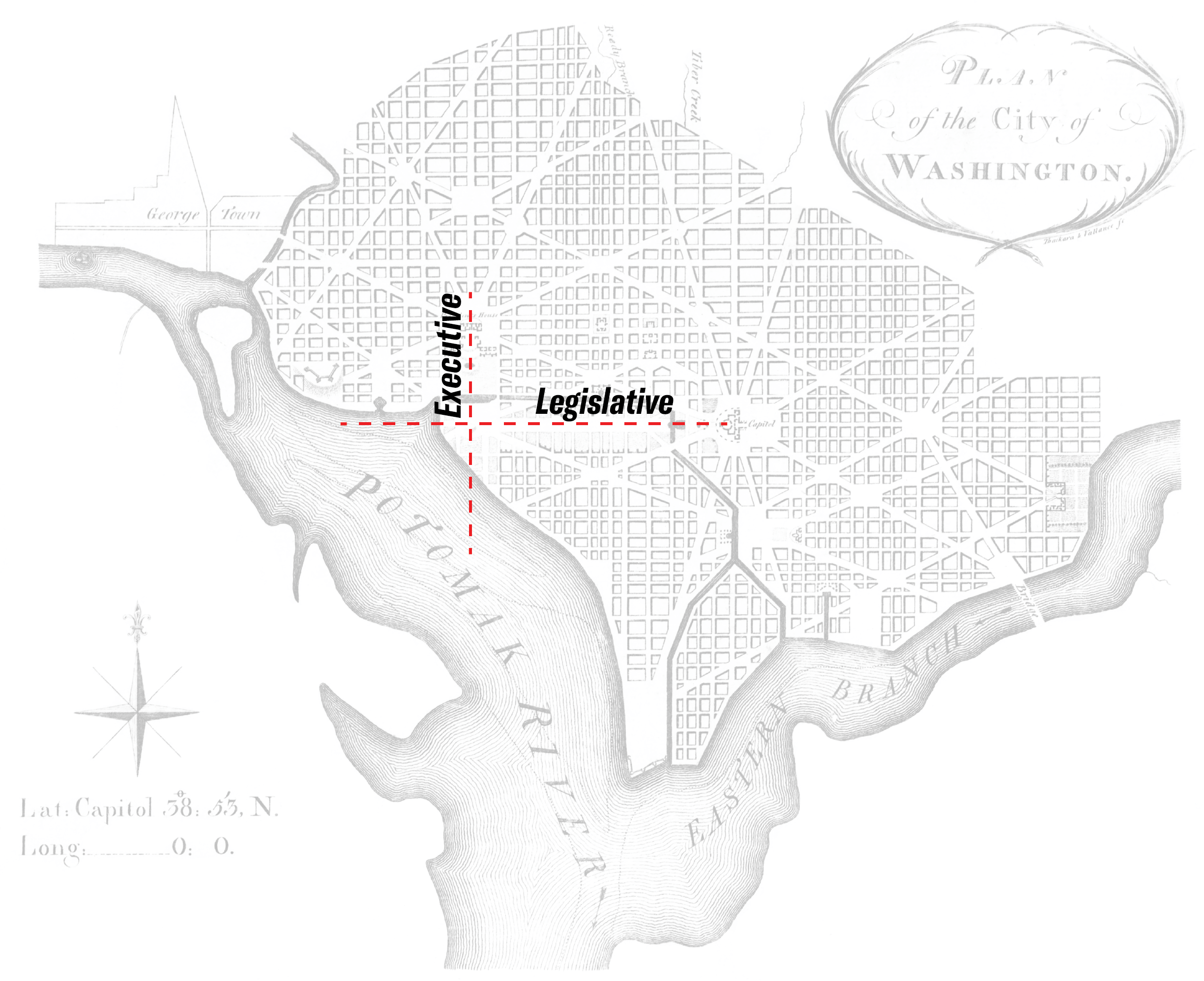 At the outset, DC was subjected to an ideology of reconciliation; on the National Mall, we see the executive and legislative branches in stable tension. (Drawing by Scott Deisher. Main photo: Creative Commons.)