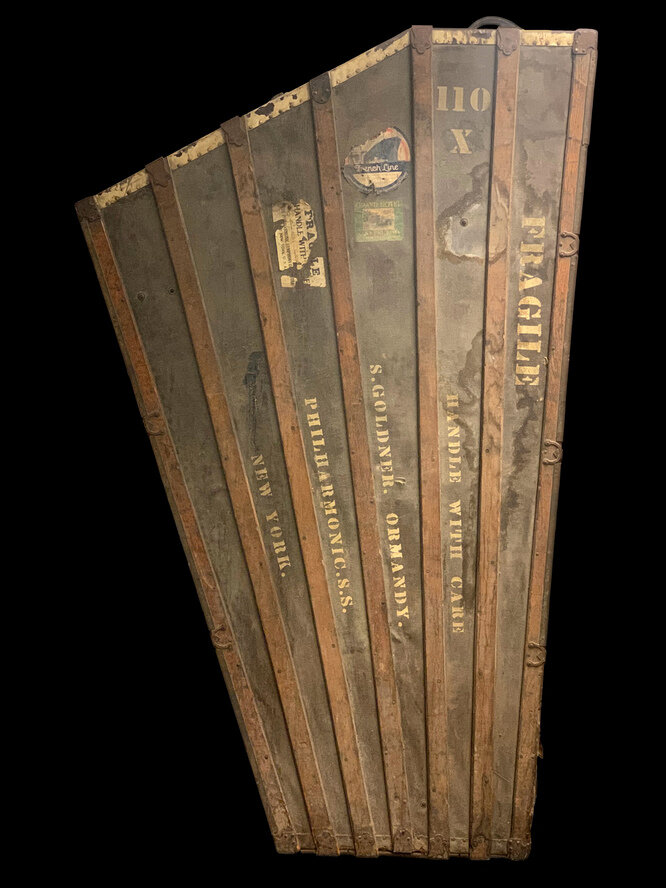 (c) New York Philharmonic Archives; The centerpiece of the multi-media exhibit will be her traveling harp case, stamped with her name that accompanied Goldner on the European Tour.
