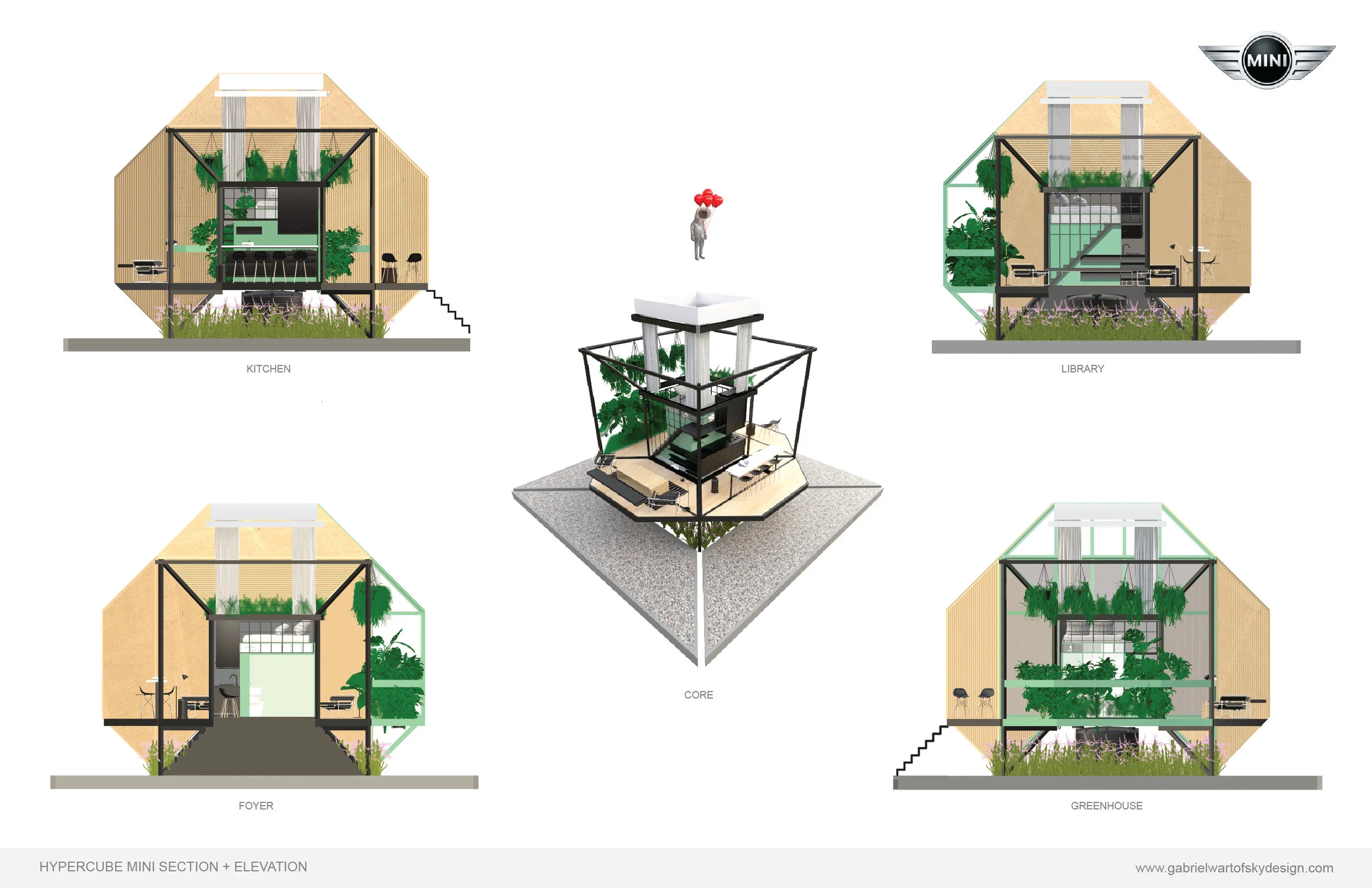 The key element behind the Hypercube design is its central CORE- a 100 sq ft prefab module that integrates kitchen, bathroom and bedroom along with water filtration and energy capture/storage. The Kitchen provides a space to cook, store goods and socialize. Its vast windows invite the outside scenery in. The Greenhouse provides a visible connection between natural systems and living space. It grows crops/plants, filters grey water and air, and provides a psychological tone of balance and serenity. The Library provides storage, social space and beautiful views. The Bathroom provides a private space to tend to body, as well a solar battery pack for energy storage. The Bedroom sits atop the Core, with curtains providing selective privacy while a large skylight view provides an intimate view of the heaven's above.
