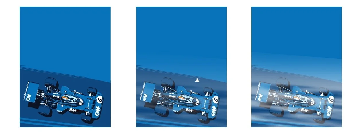 Clouds streak, road twists below with audio bits of frantic engine revs and tire screeching