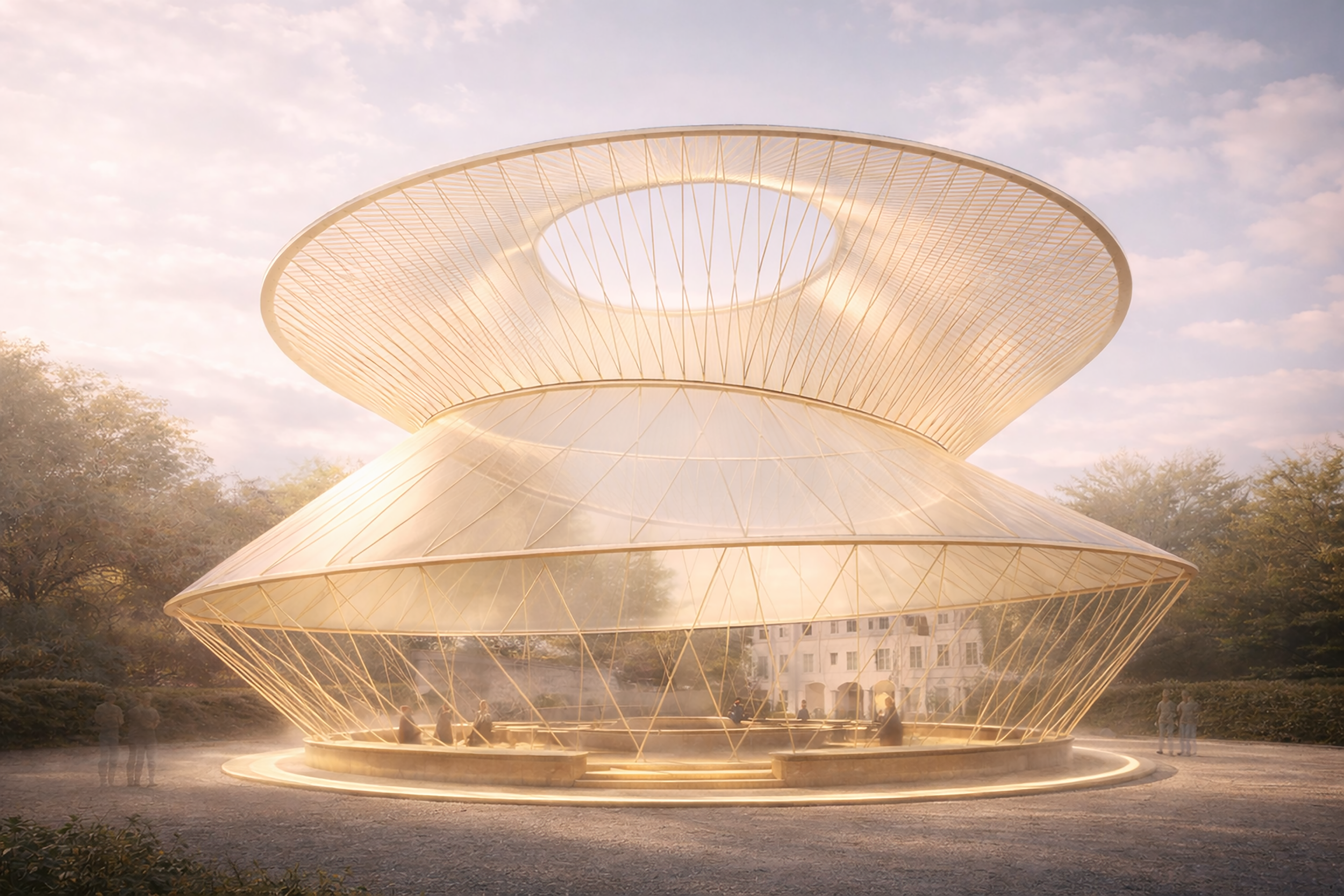 A futuristic, illuminated pavilion with a large, circular opening at the top, situated outdoors surrounded by trees and a cloudy sky. Render from the Milan Design Week 2026 exhibit, "When Apricots Blossom".