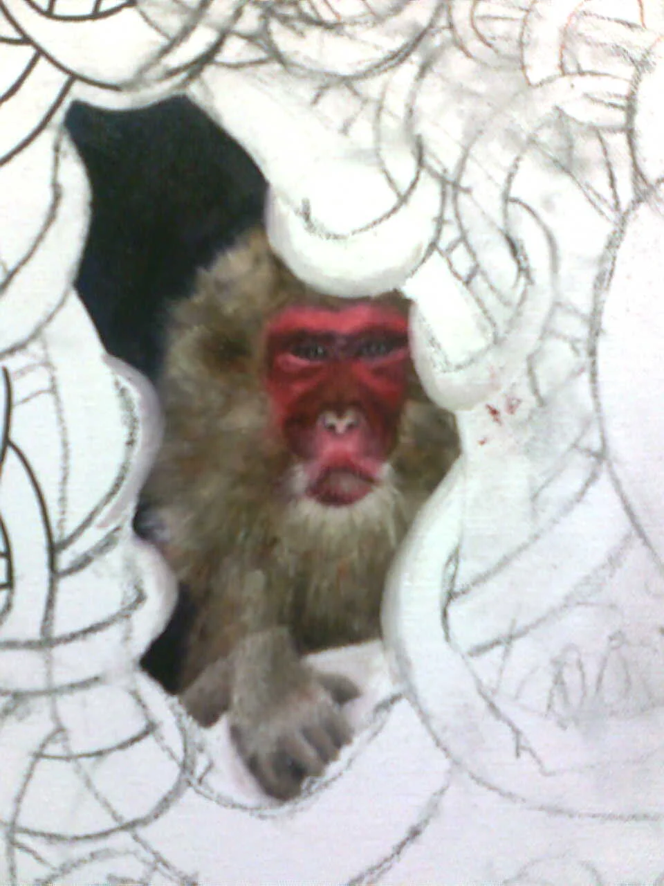 CLOSE UP OF THE SNOW MONKEY IN THE PAINTING, ZAZA FEARLESS RIDES INTO THE UNIVERSE, BY ELIZA FURMANSKY