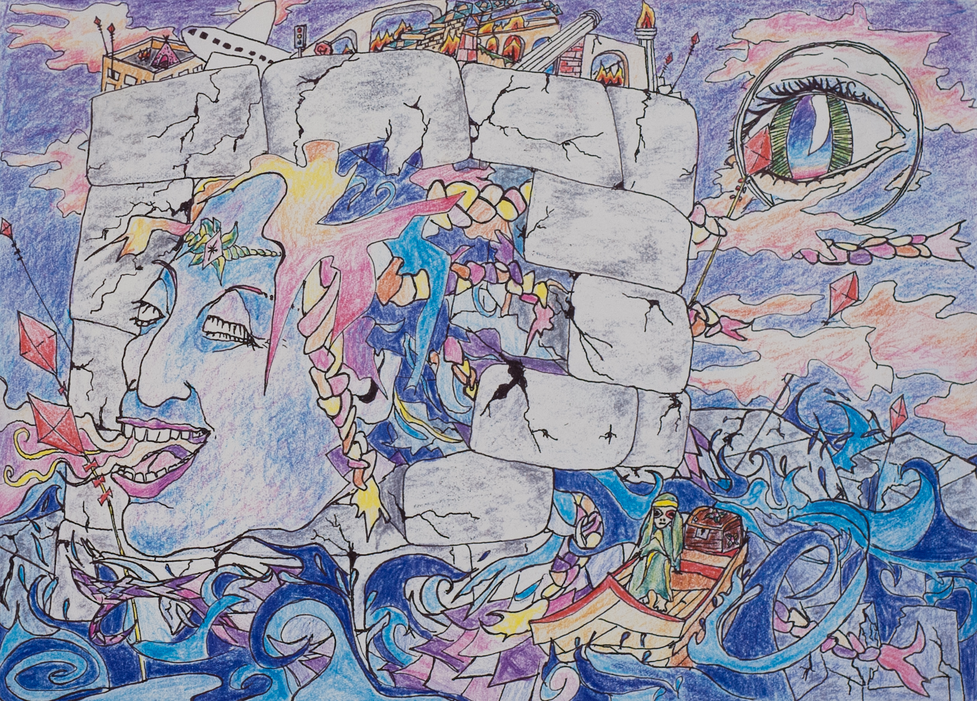 Breakwater Watercolor drawing by artist, Eliza Furmanksy, of a water spirit rising out of the ocean waves and splitting open an immense stone wall with elements of civilization built on top. A refugee woman in a turban and sunglasses rows away with Pandora's box.