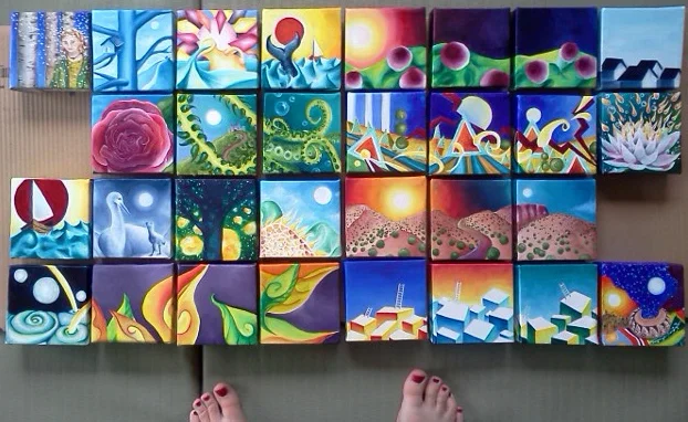 30 oil paintings painted in 30 days by Eliza Furmansky in June, 2013. Oil on canvas. Each painting measures 4" x 4" x 1"