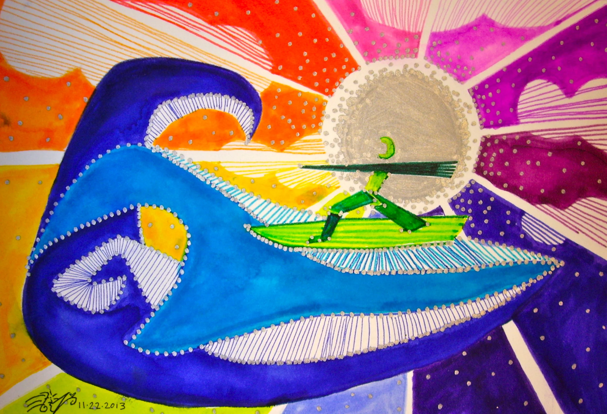 Watercolor, marker and silver sharpie on watercolor paper. 7 1/2" x 5". 11/22/2013.