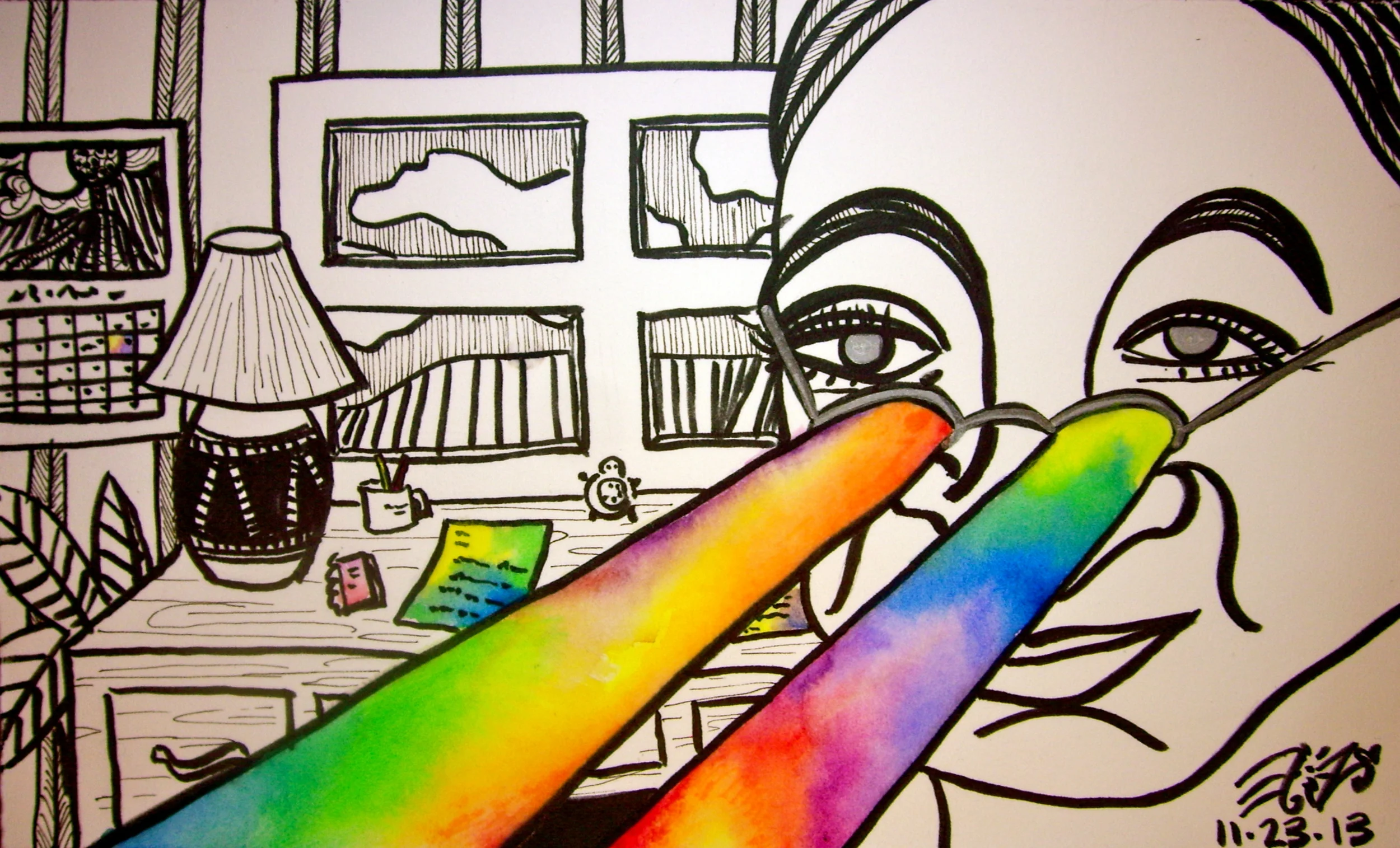 Ink, silver sharpie and watercolor on watercolor paper. 8 1/2" x 5"