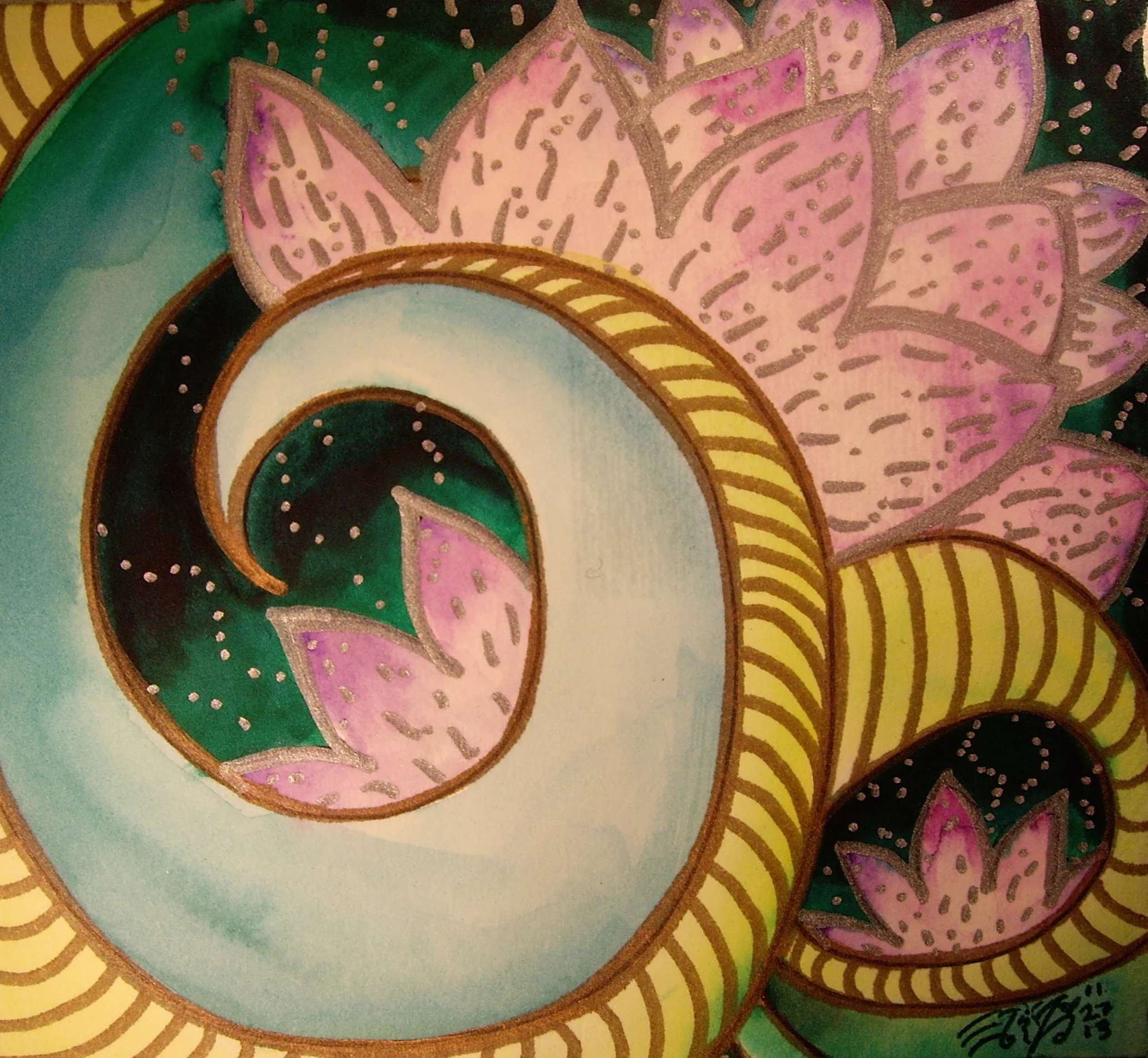 Watercolor and sharpie on paper. 6" x 5"