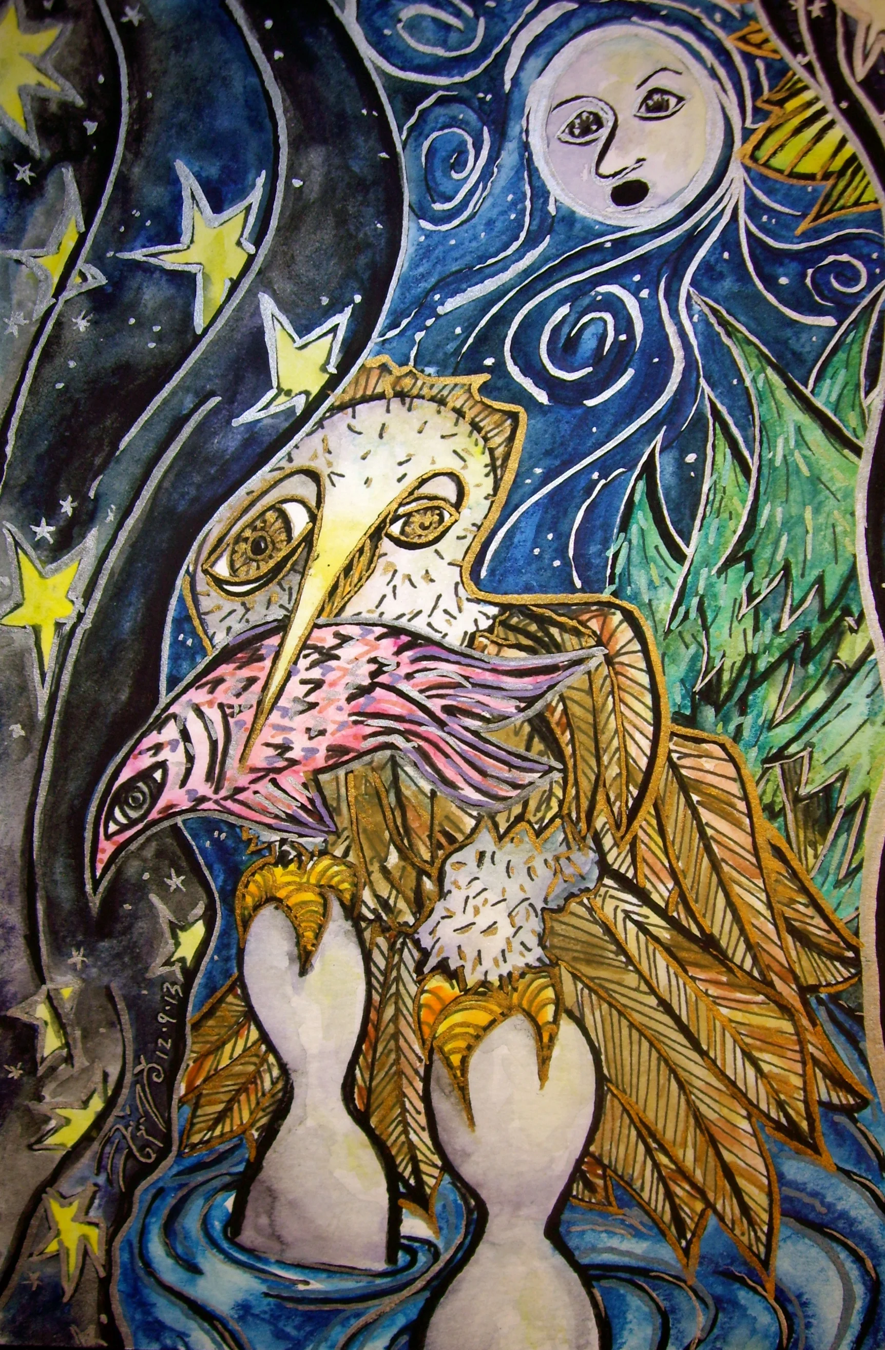 Watercolor and permanent ink on paper. 5" x 7 1/2". 12/9/2013.