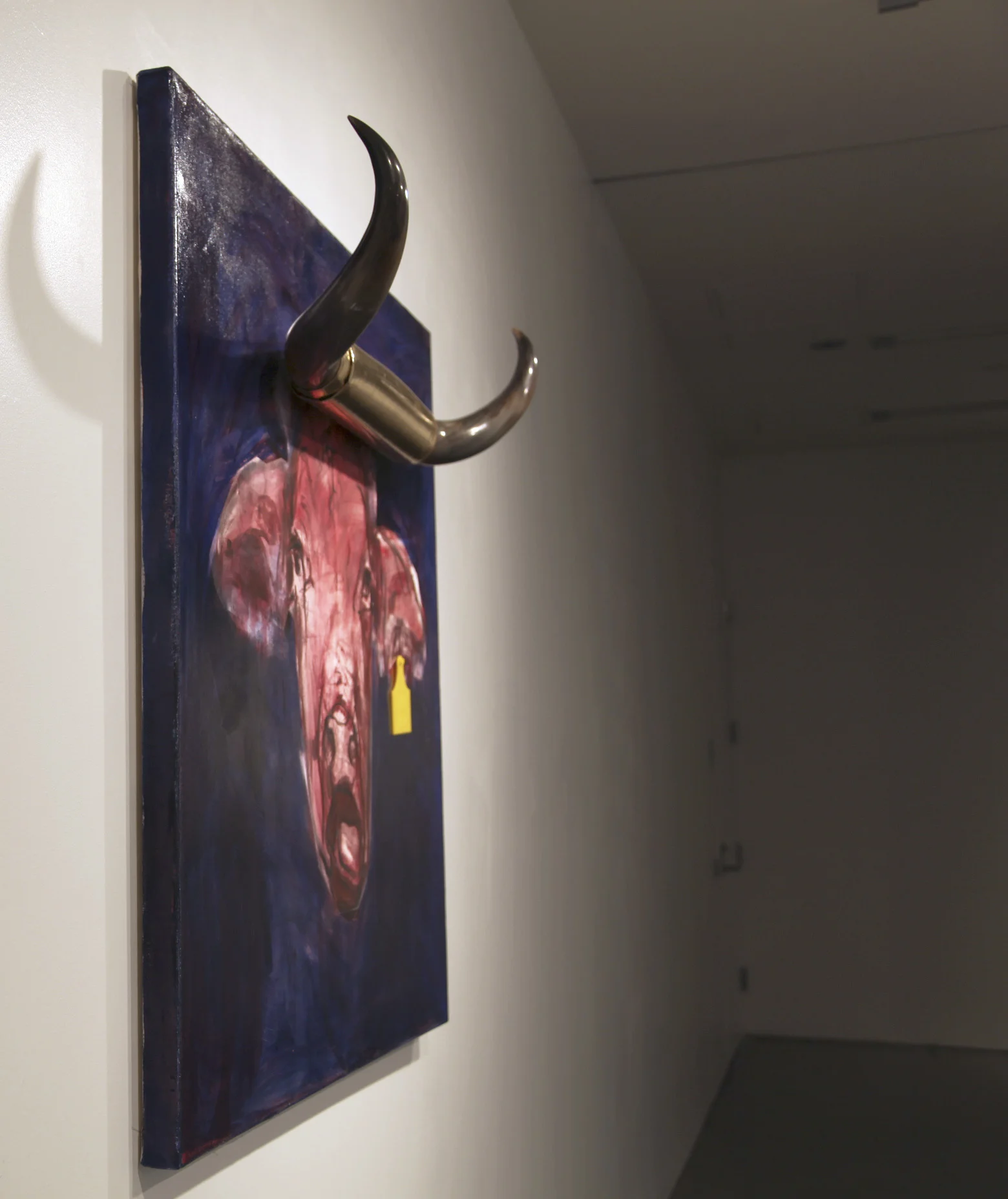 Peace Offering | Oil on Canvas, Bull Horns wrapped in Gold Cloth, Yellow Laser Cut Ear Tag | 2010 | Exhibition - Powers That Be NYC 