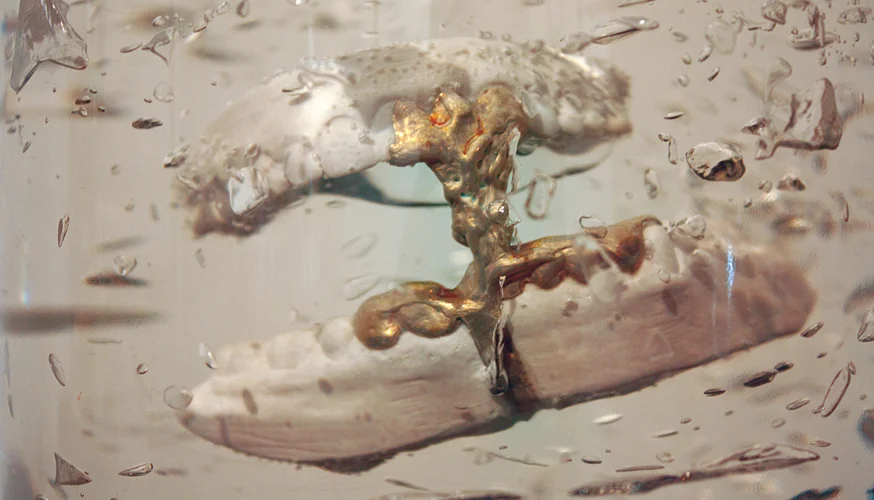 Precious Metal 5 suspended in glass jar filled with Clear Ice Hair Gel | 2011 | Exhibition - Coruscus New York City
