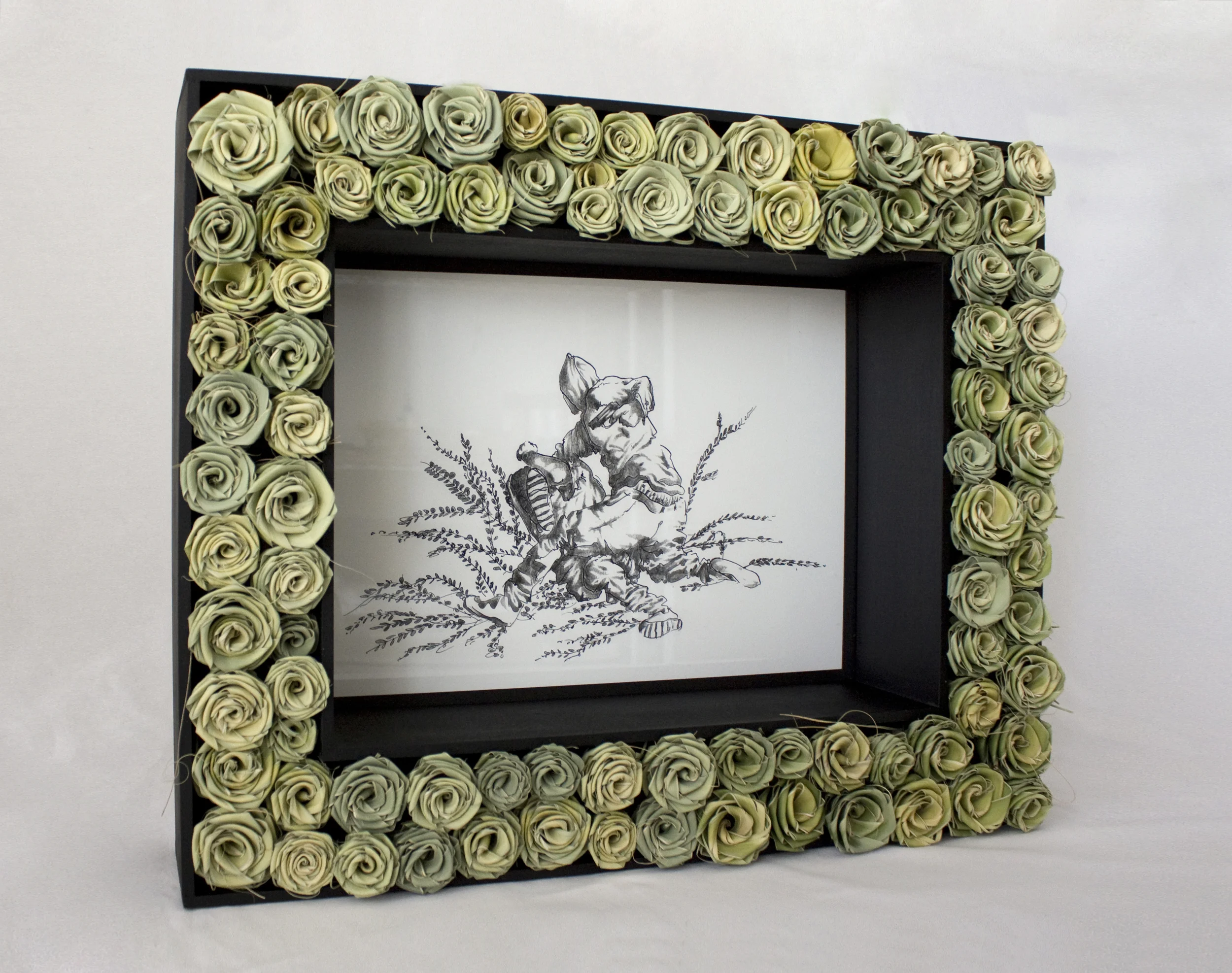 Mountain Brook Ave - 20" x 17" Ink and Graphite on Paper - Hand Woven Palmetto Rose - Hand Crafted Pine Frame