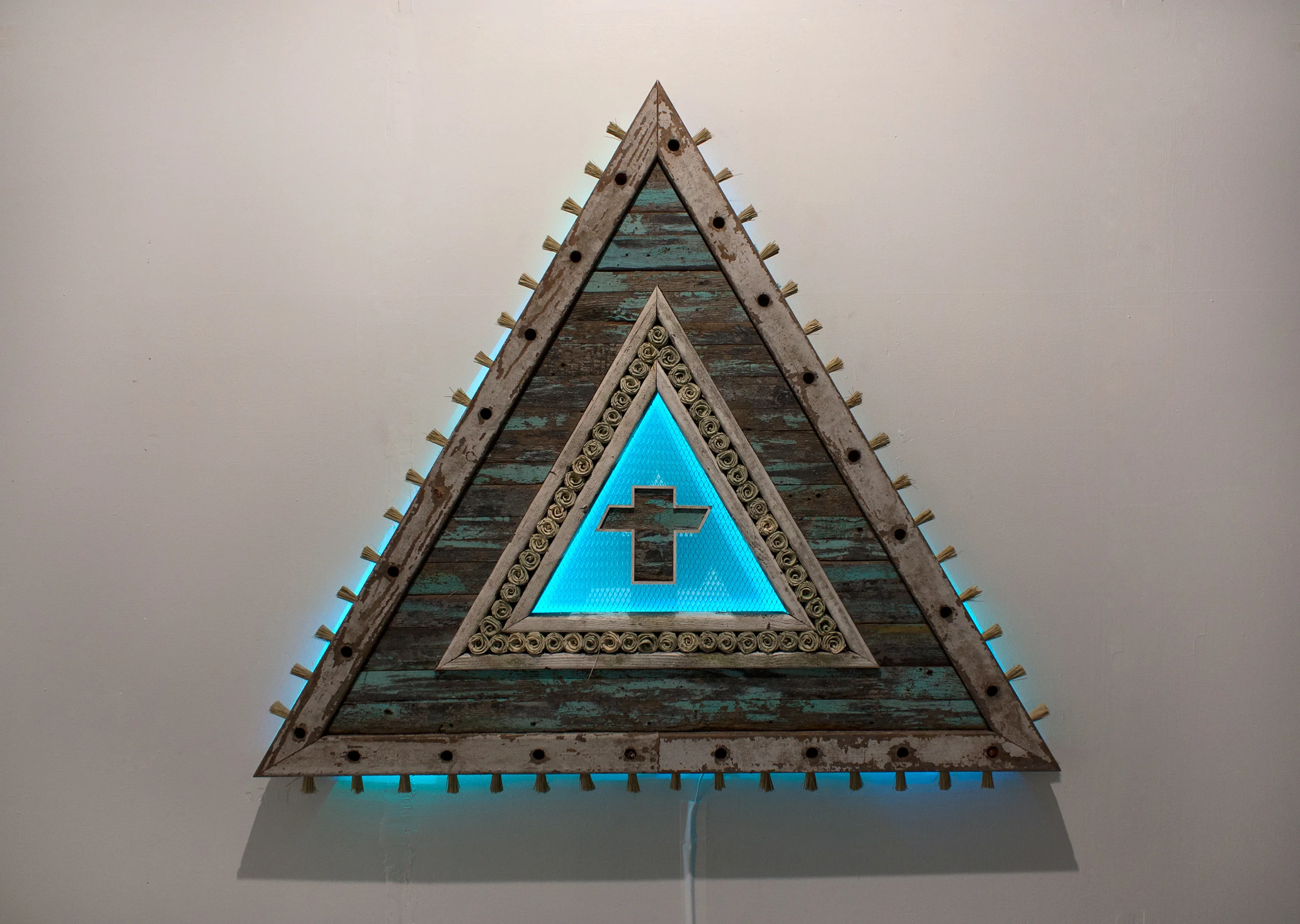 Bless Those Sittin‘ High and Ridin’ Clean - Discarded Wood, Steel Lath, LED, Sweetgrass, Palmetto Roses | 50 x 45 x 4 in