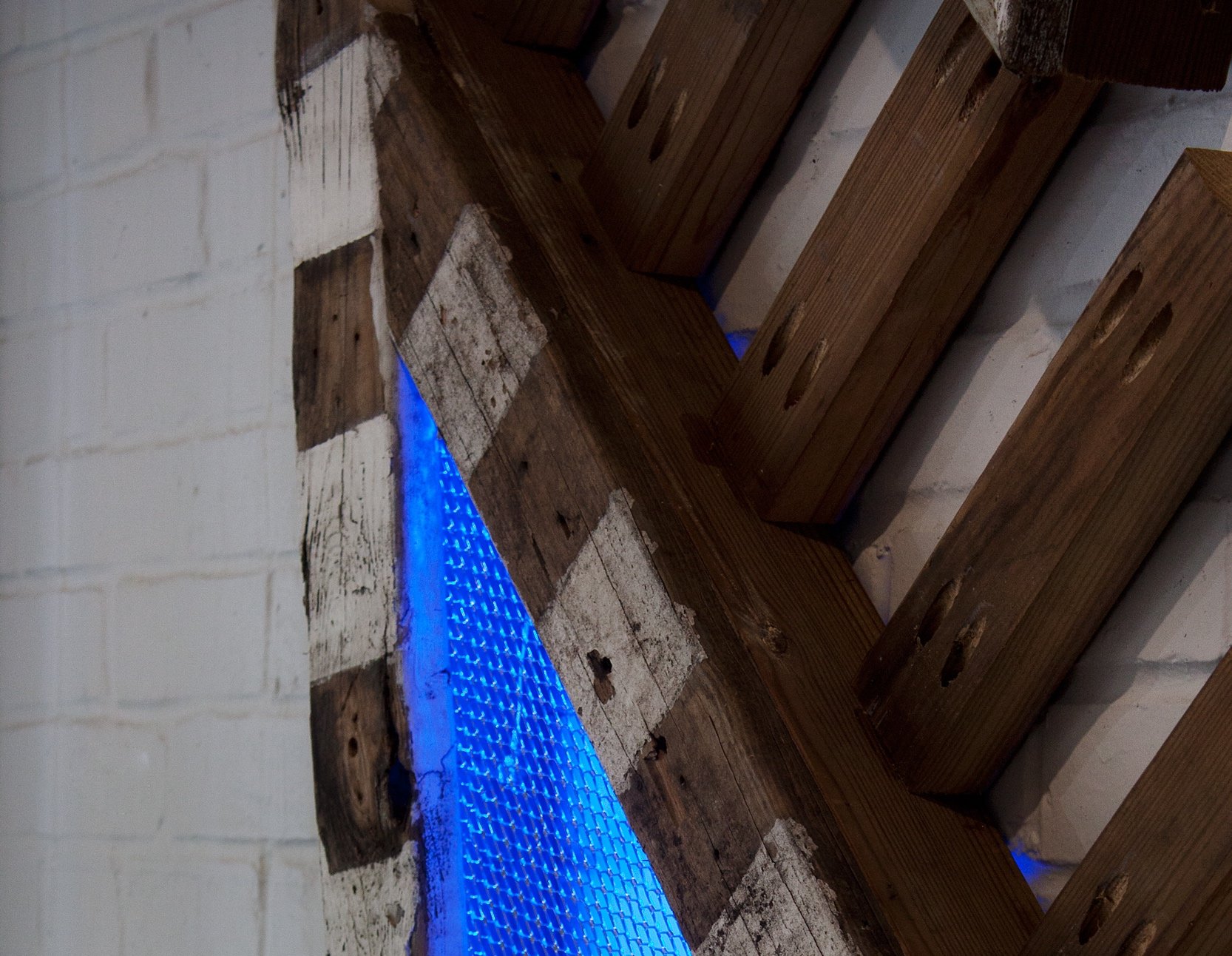  (Detail)  Surveillance Station  - Discarded Wood, Steel Lath, LED | 63 x 48 x 4 in 