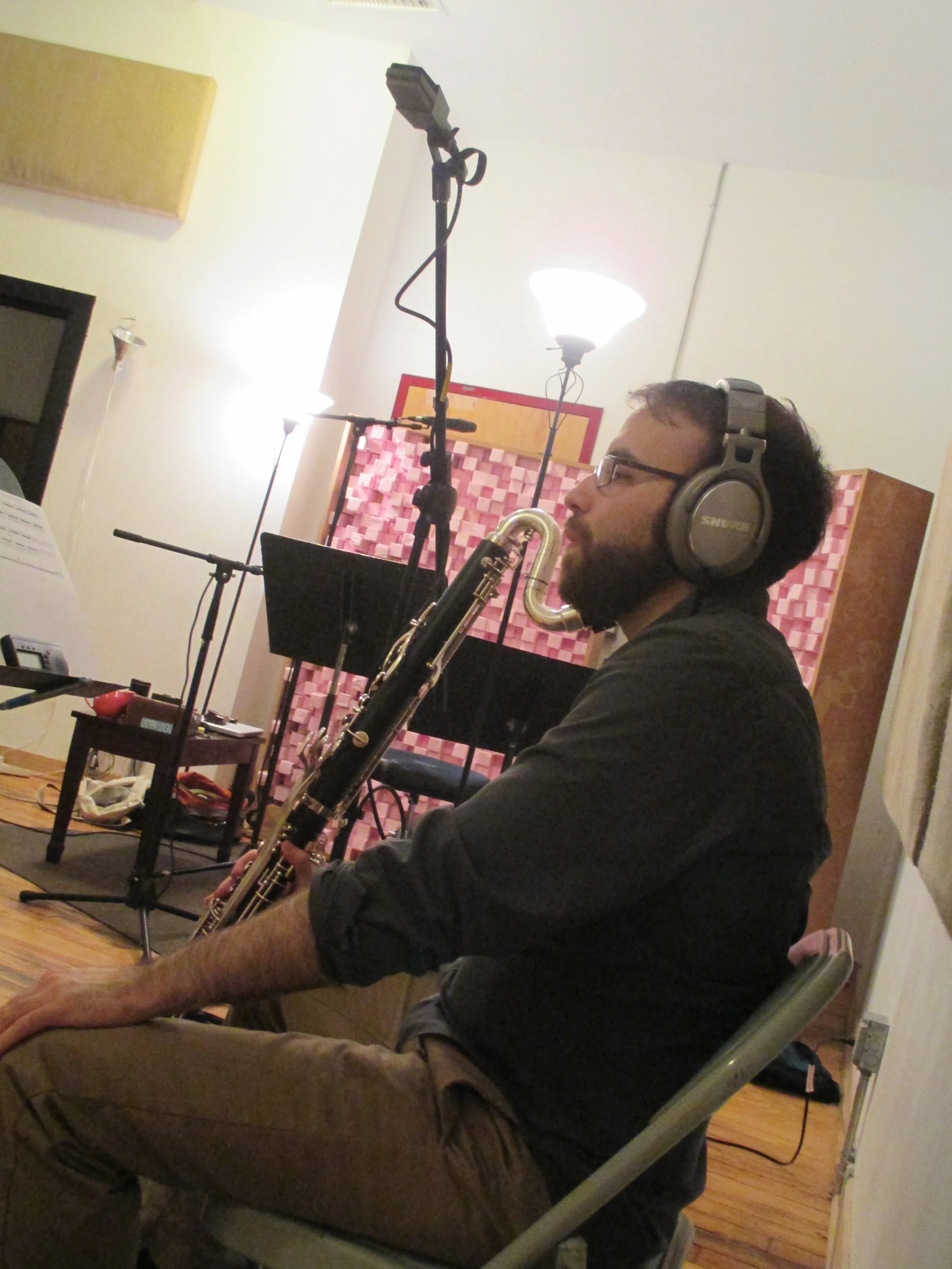 Jeff Kimmel recording his integral bass clarinet parts.