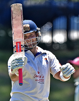 A dominant Will Hay celebrates his 2nd Grade century against Gordon at Uni No. 1 Oval. Image courtesy of David Stanton 2015.