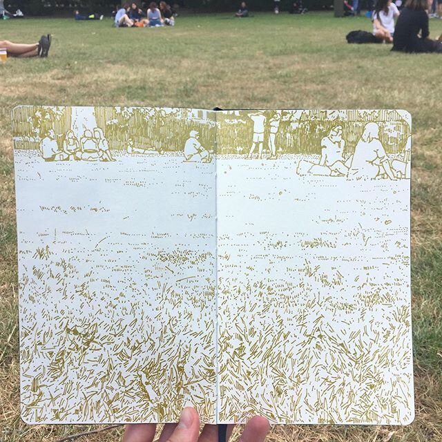 #illustration #illustrator #sketch #sketchbook #draw #drawing #art #artwork #artistsoninstagram #artist #reportage #view #composition #park #summer #people #weekend #doodle #grass #london #city #june #2020 #posca #colour #gold #relax #observationaldr