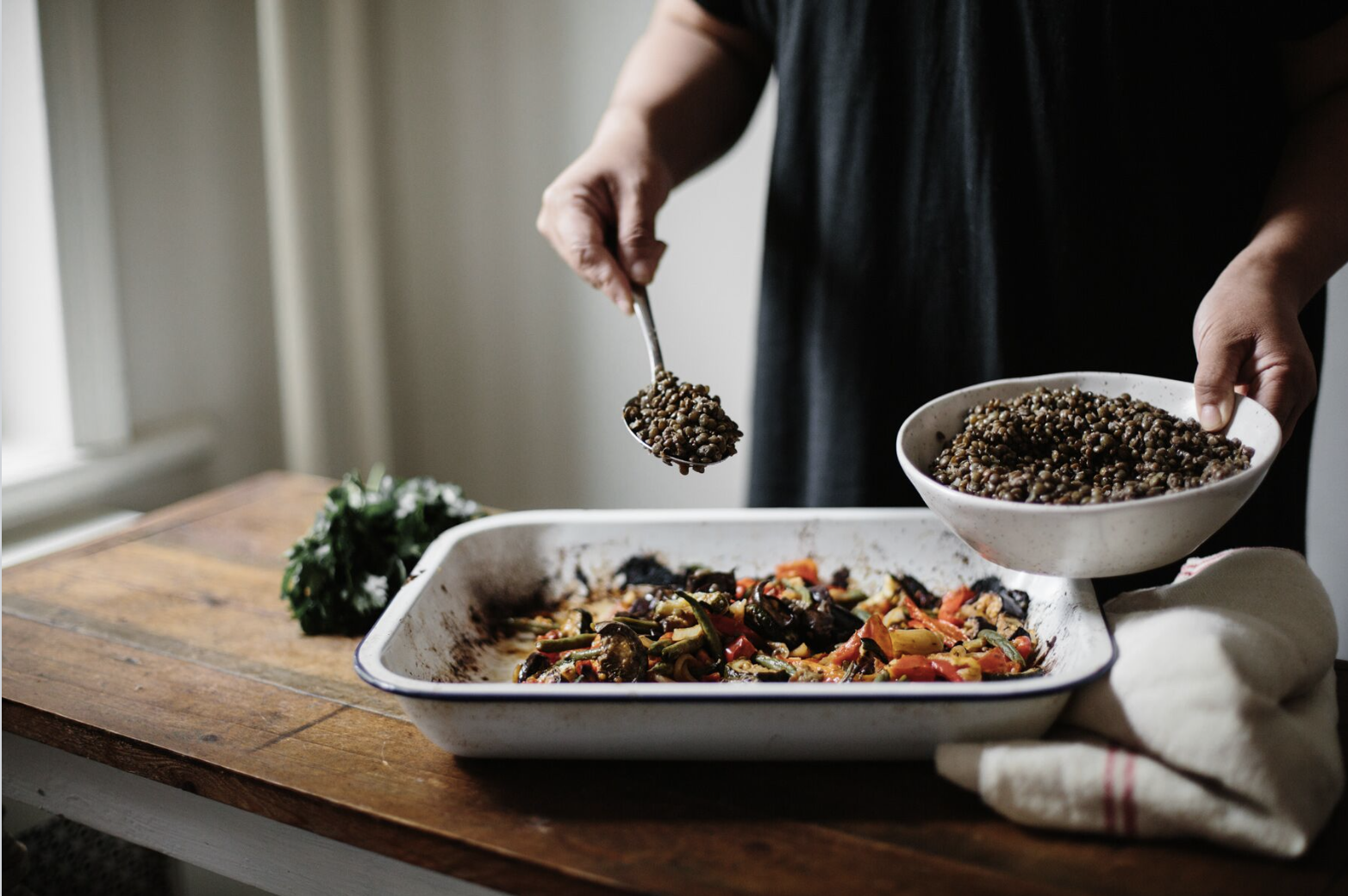 Provençal eggplant with roasted red peppers, zucchini, green beans, and puy lentils (Copy)
