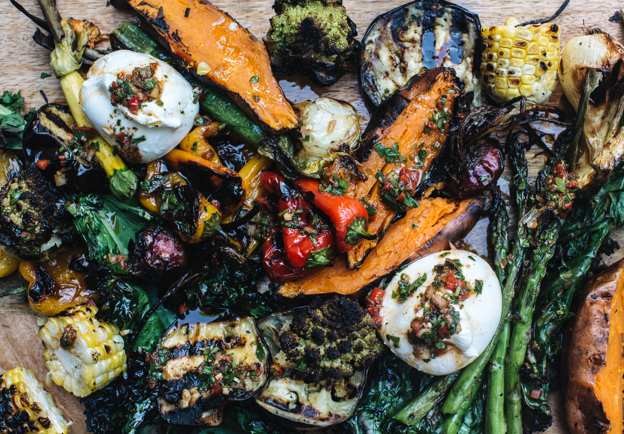 Grilled vegetables with burrata and herbs