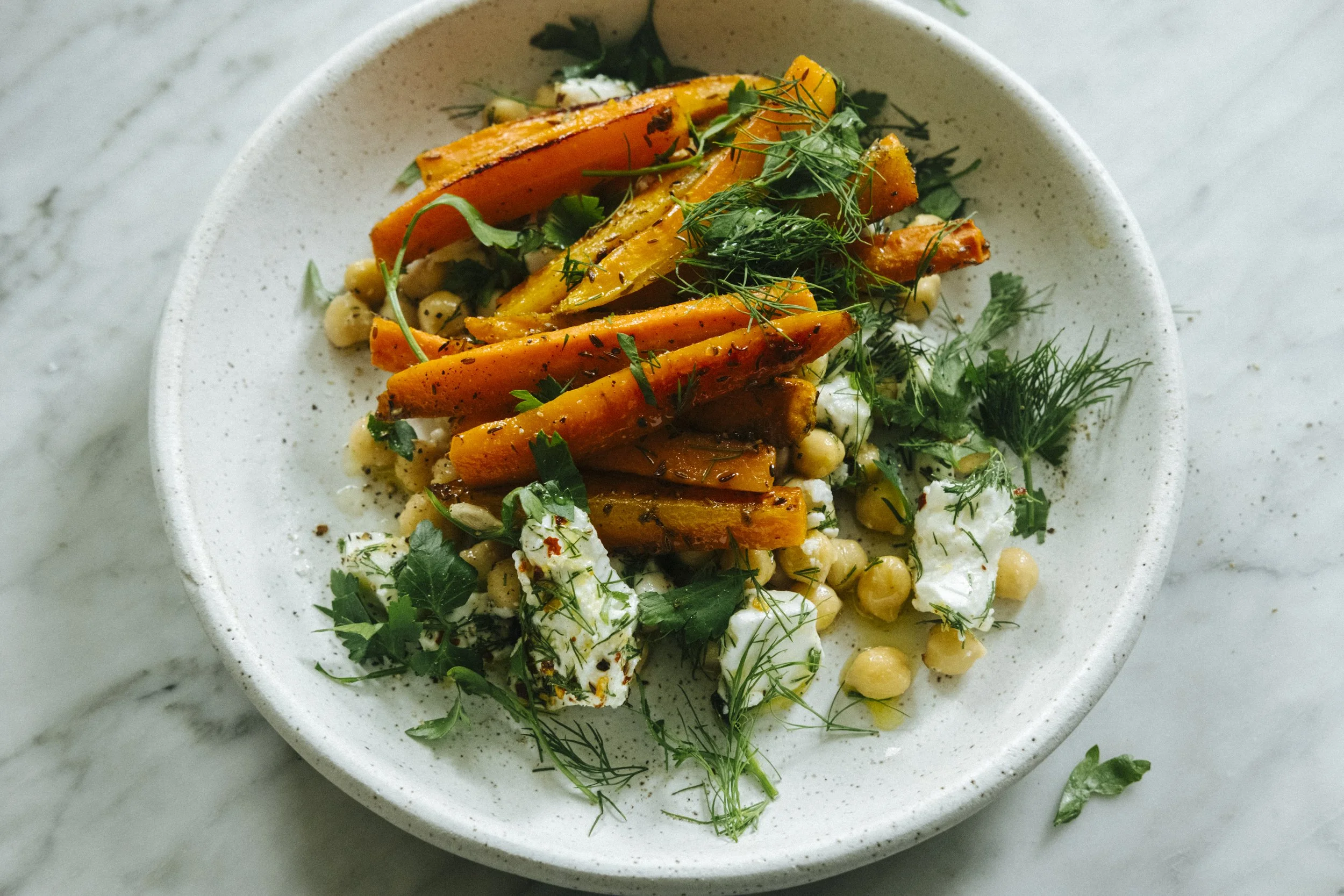 Cumin roasted carrots with lemony feta and chickpeas