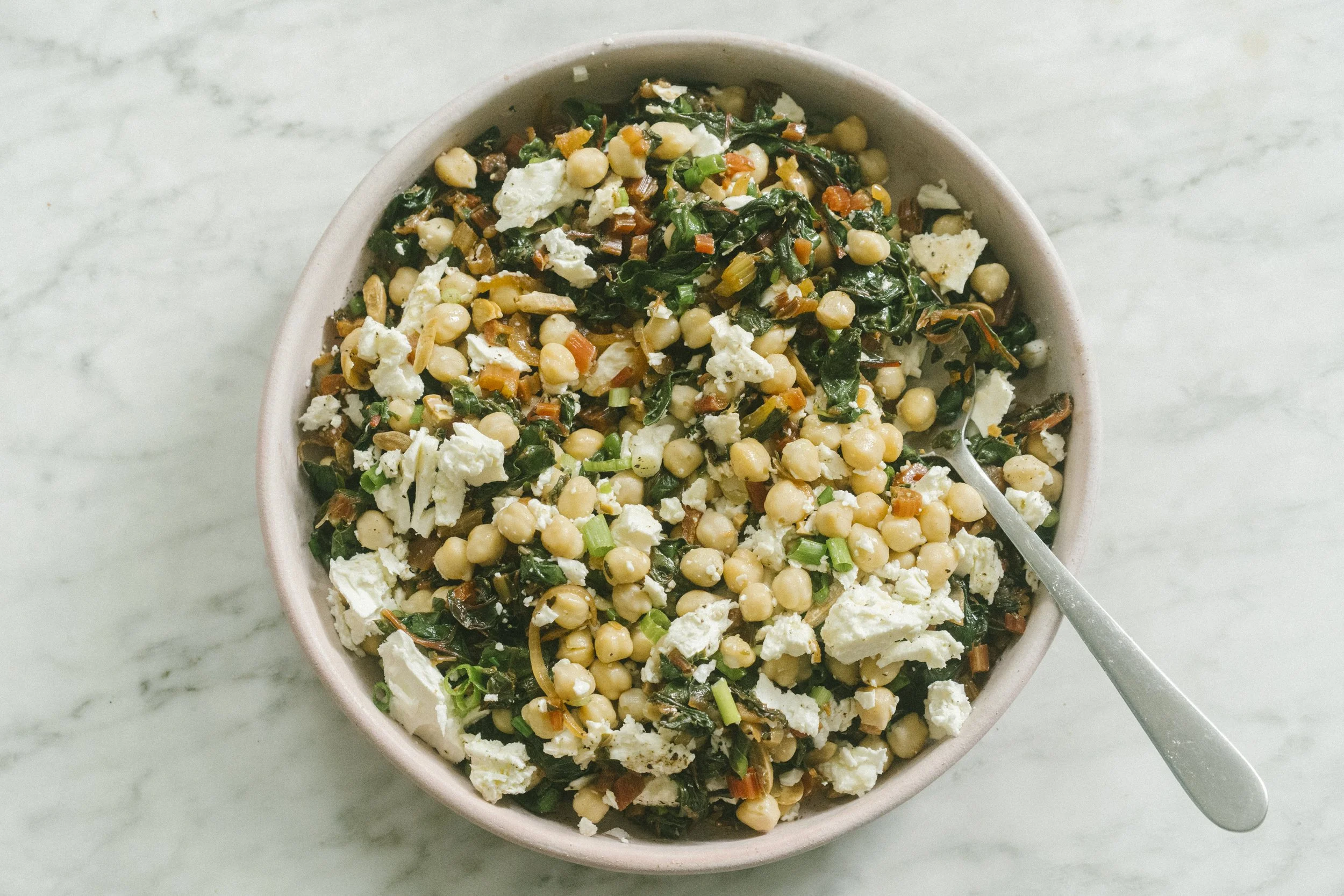 Lemony Swiss chard with chickpeas and feta