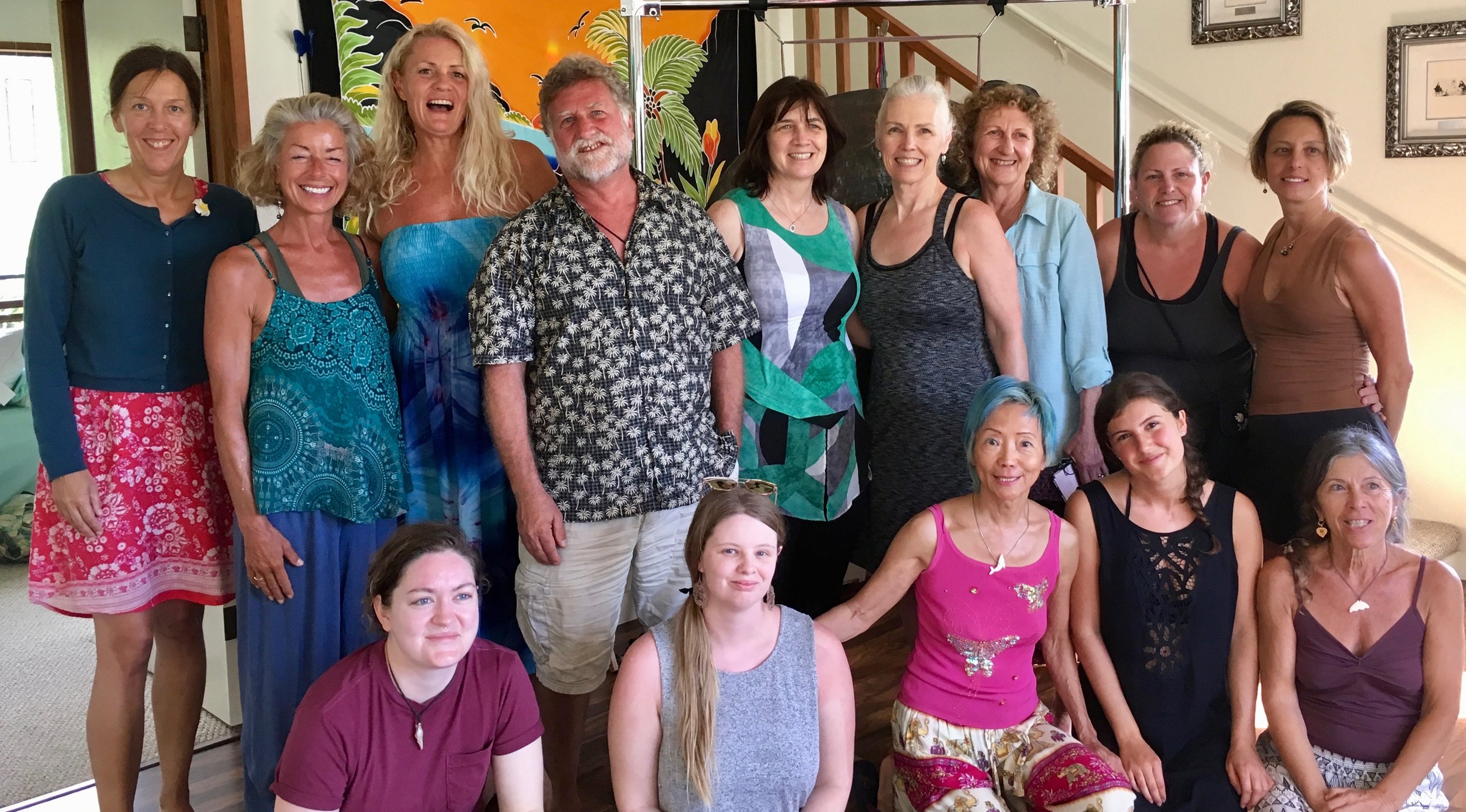 The happy group of gong bathers on march 16, 2019 on the big island, hawaii. i have blue hair :)